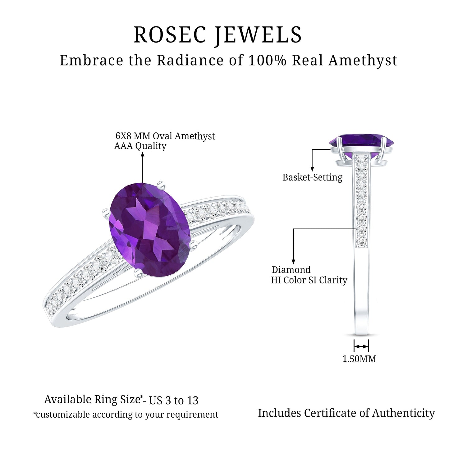 Real 1 Carat Oval Amethyst Solitaire Engagement Ring with Diamond