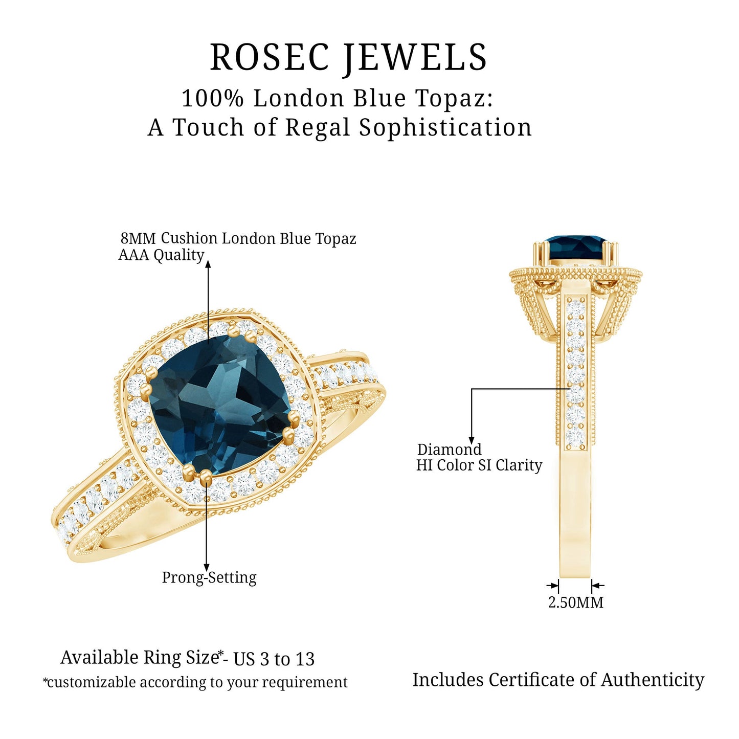 2.8 Carat Cushion Cut London Blue Topaz Vintage Inspired Ring with Diamond Halo