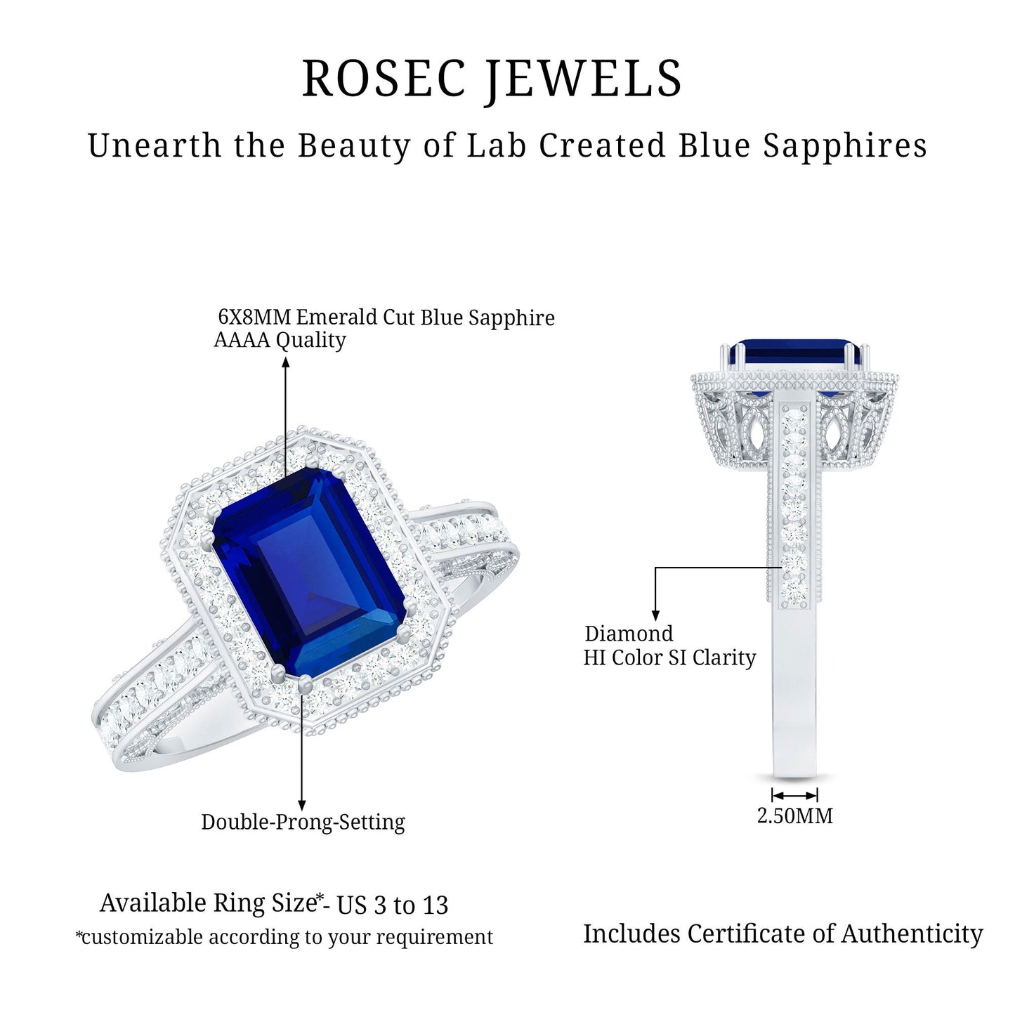 Certified 1.7 Carat Lab Grown Blue Sapphire Emerald Cut Engagement Ring with Diamond Halo