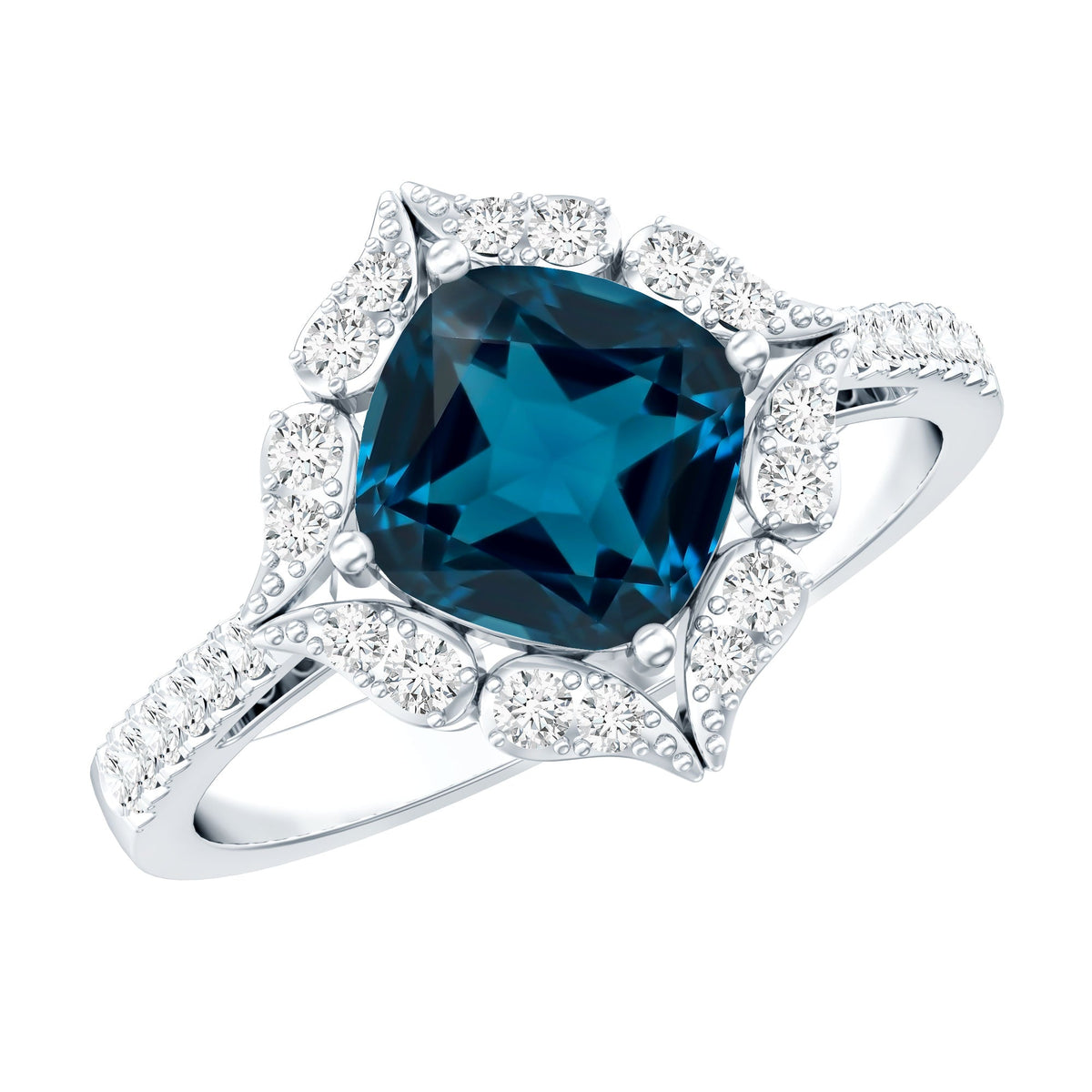 2.8 Carat Cushion Cut London Blue Topaz Nature Engagement Ring with Diamond Halo