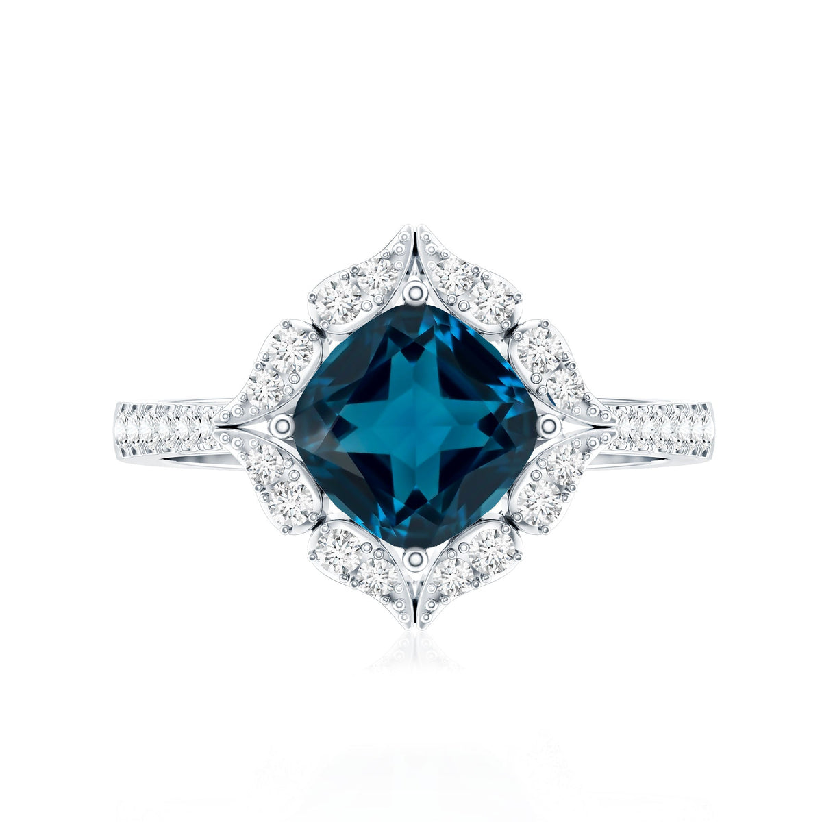 2.8 Carat Cushion Cut London Blue Topaz Nature Engagement Ring with Diamond Halo