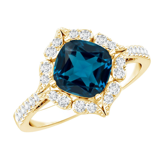 2.8 Carat Cushion Cut London Blue Topaz Nature Engagement Ring with Diamond Halo
