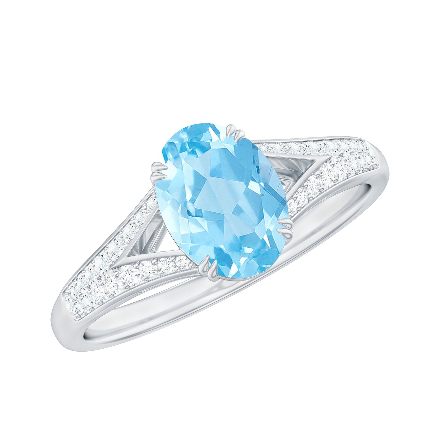 Genuine 1 Carat Oval Aquamarine Engagement Ring with Diamond Split Shank