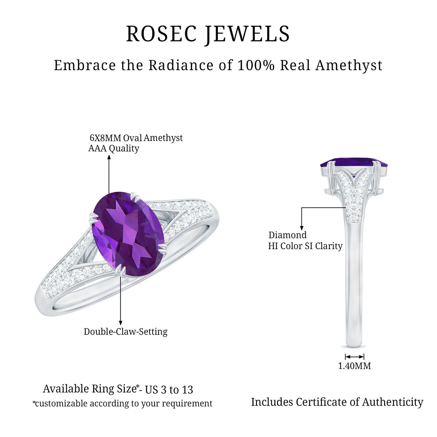 1 Carat Oval Amethyst Solitaire Engagement Ring with Diamond Split Shank