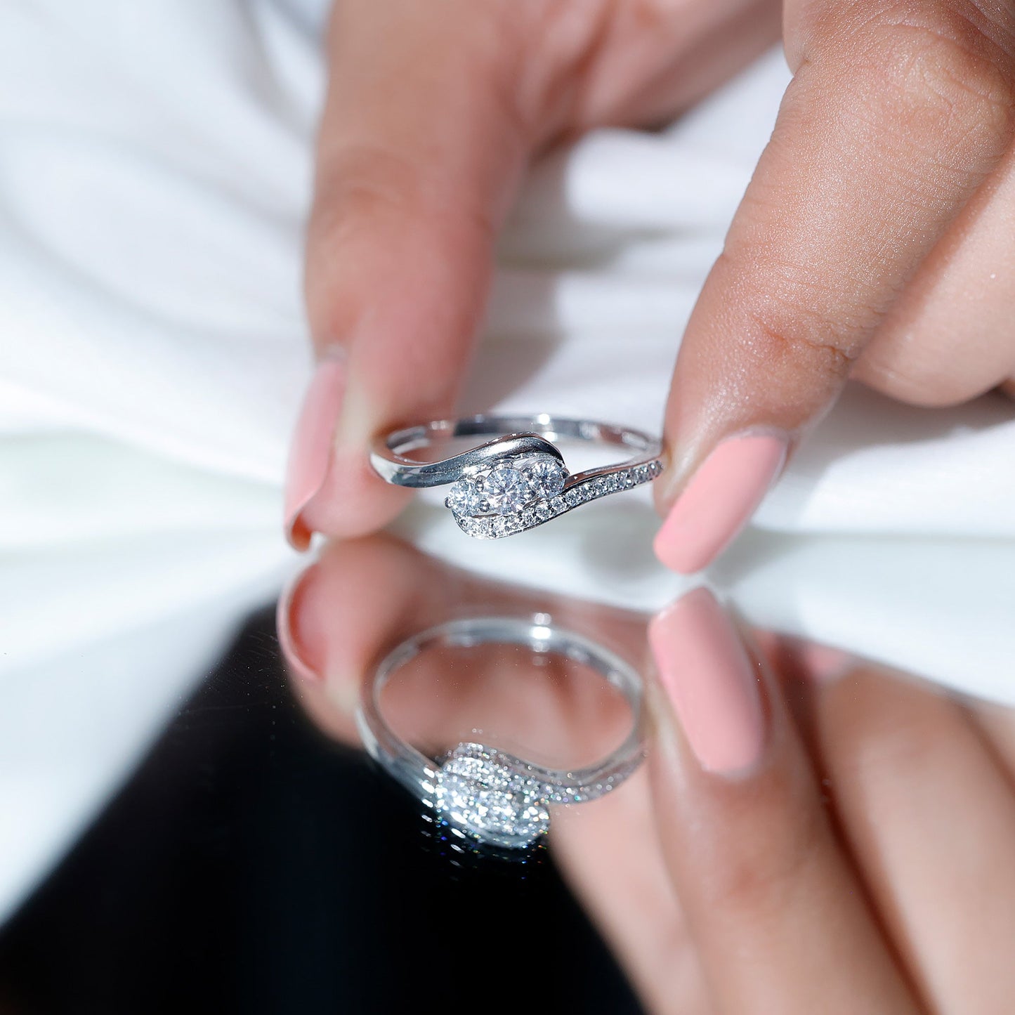 Certified Moissanite Three Stone Engagement Ring with Bypass Shank