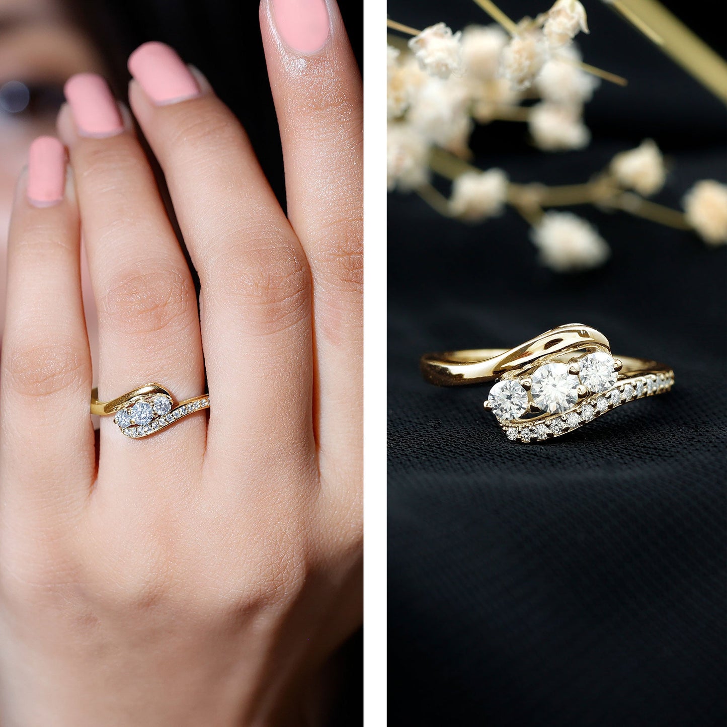 Certified Moissanite Three Stone Engagement Ring with Bypass Shank