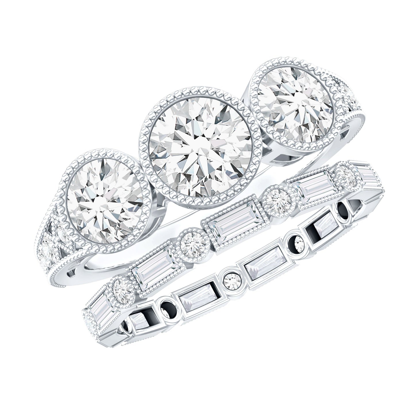 Vintage Inspired Moissanite 3 Stone Wedding Ring Set