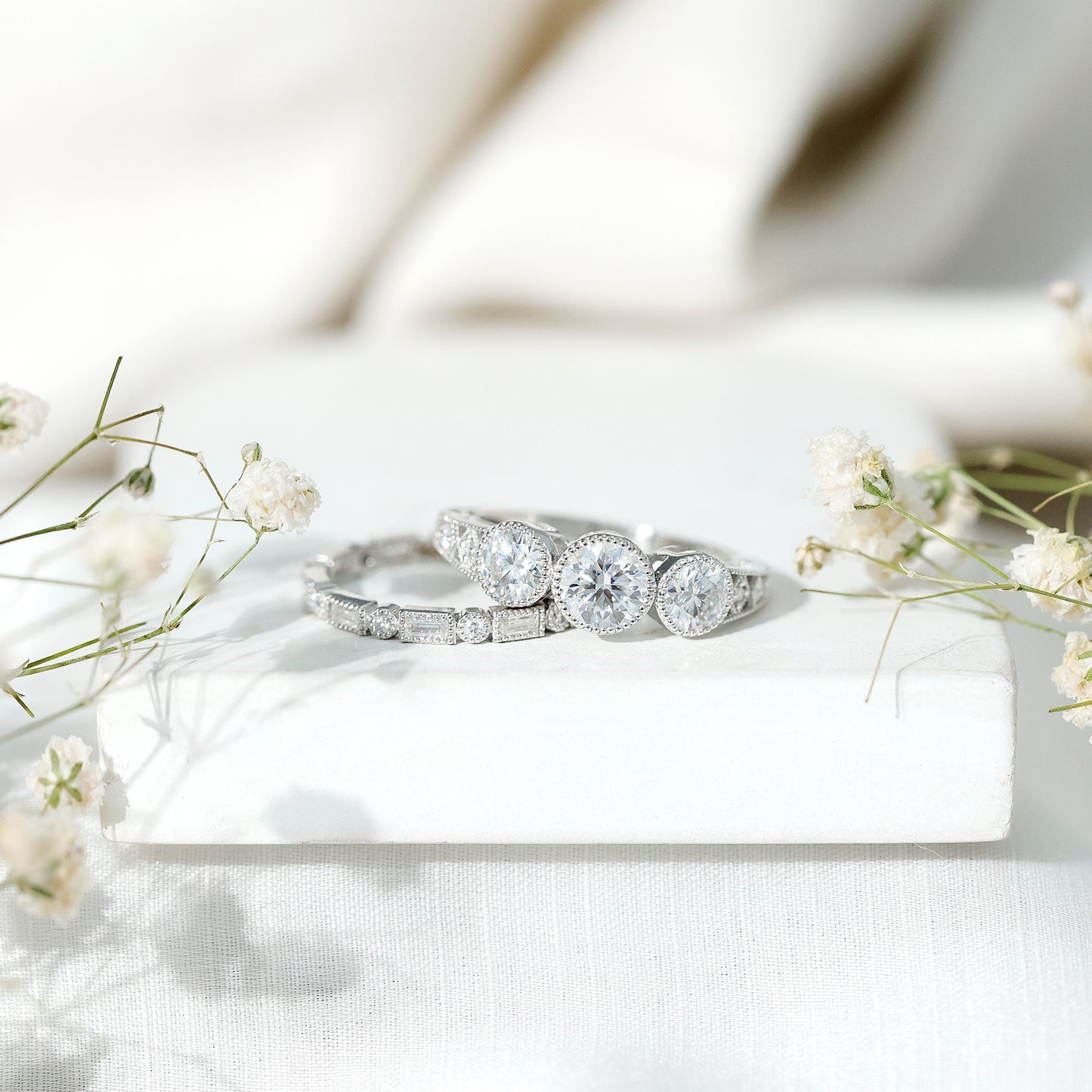 Vintage Inspired Moissanite 3 Stone Wedding Ring Set