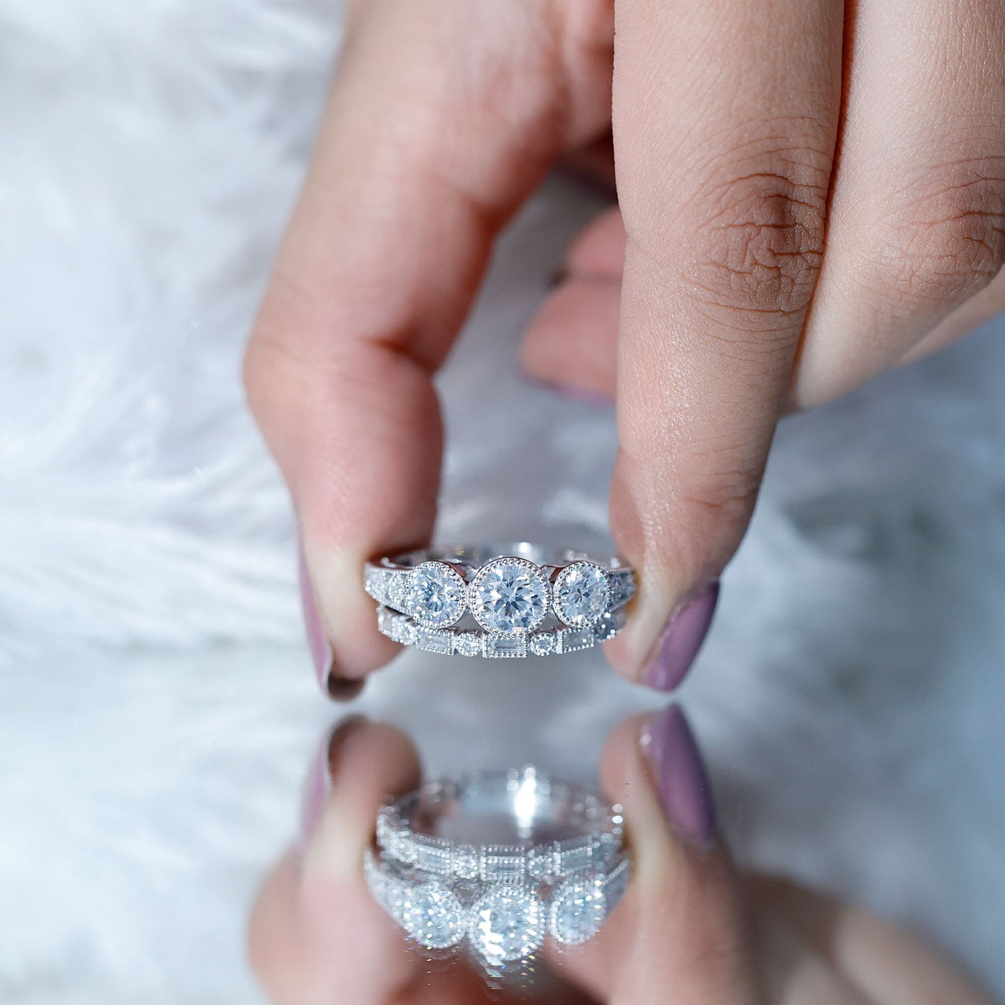 Vintage Inspired Moissanite 3 Stone Wedding Ring Set
