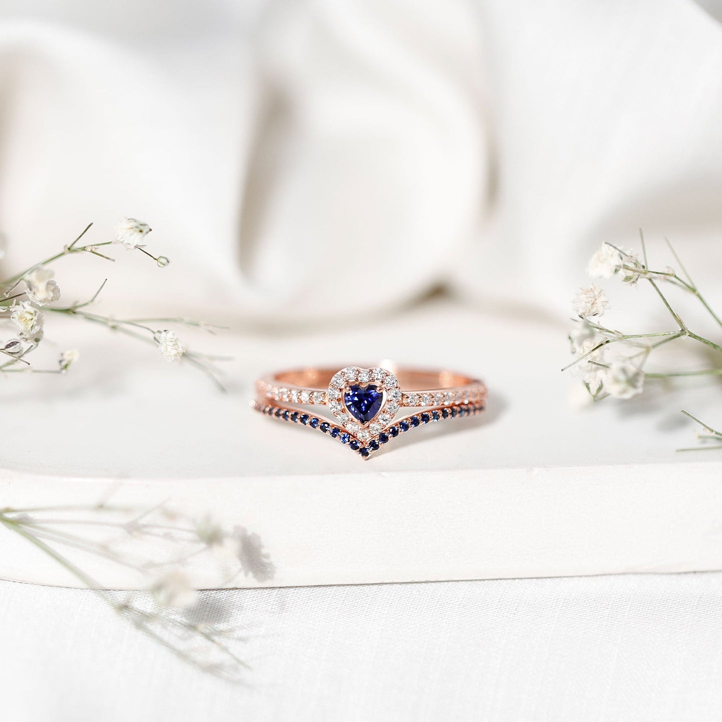 Certified Lab Grown Blue Sapphire Heart Engagement Ring Set with Real Diamond