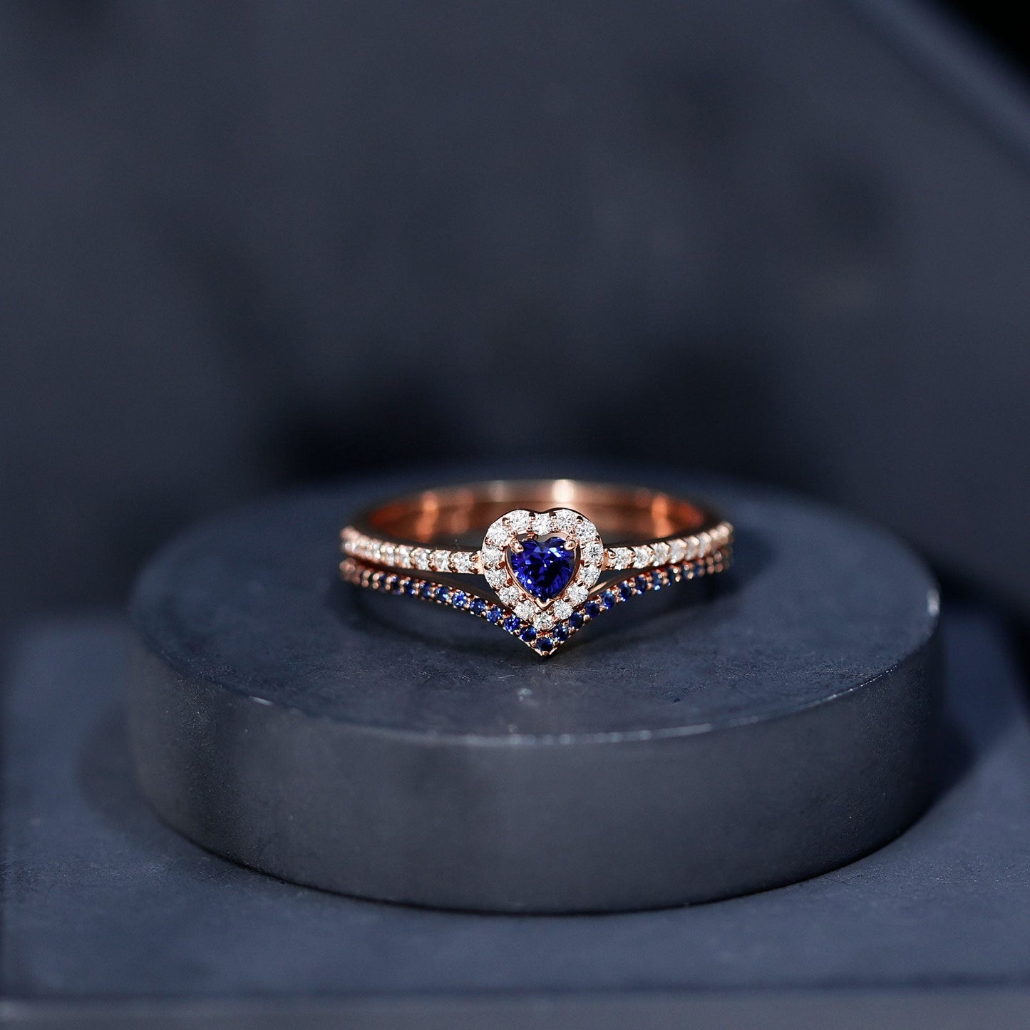 Certified Lab Grown Blue Sapphire Heart Engagement Ring Set with Real Diamond