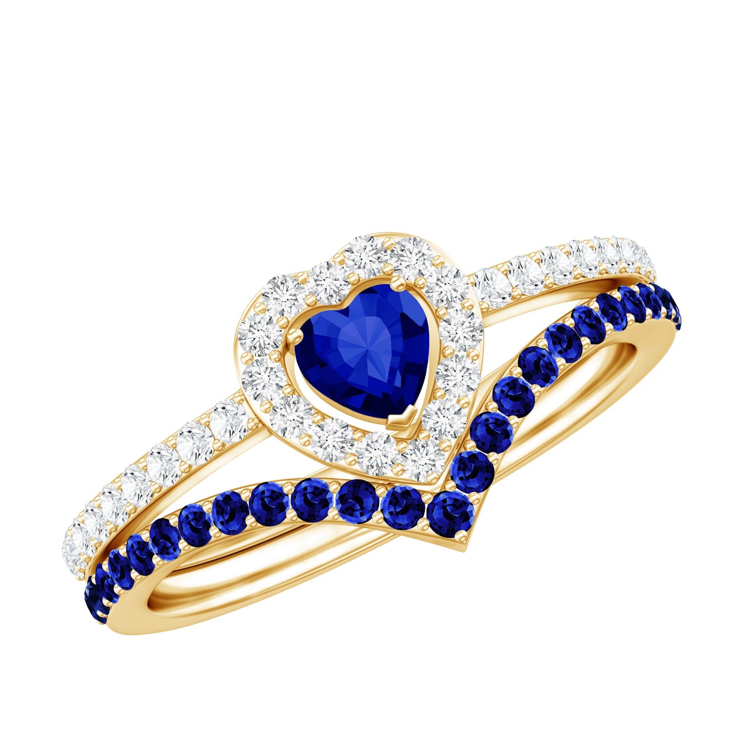 Certified Lab Grown Blue Sapphire Heart Engagement Ring Set with Real Diamond