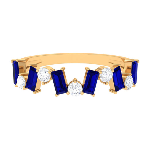 Genuine Baguette Blue Sapphire Half Eternity Ring with Diamond