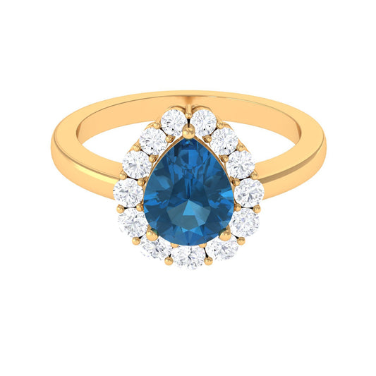 1.7 Carat Pear Shape London Blue Topaz Halo Engagement Ring with Diamond