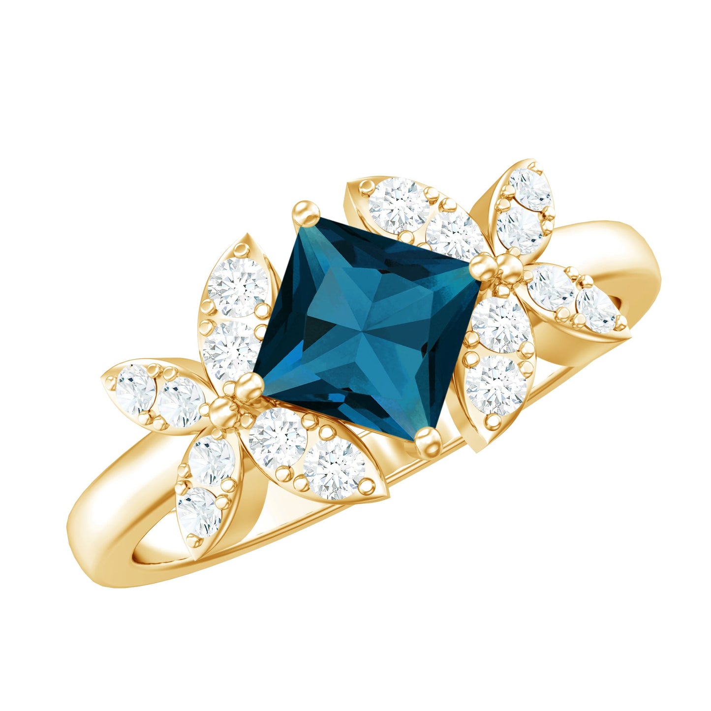 1 Carat Princess Cut London Blue Topaz Floral Engagement Ring with Diamond