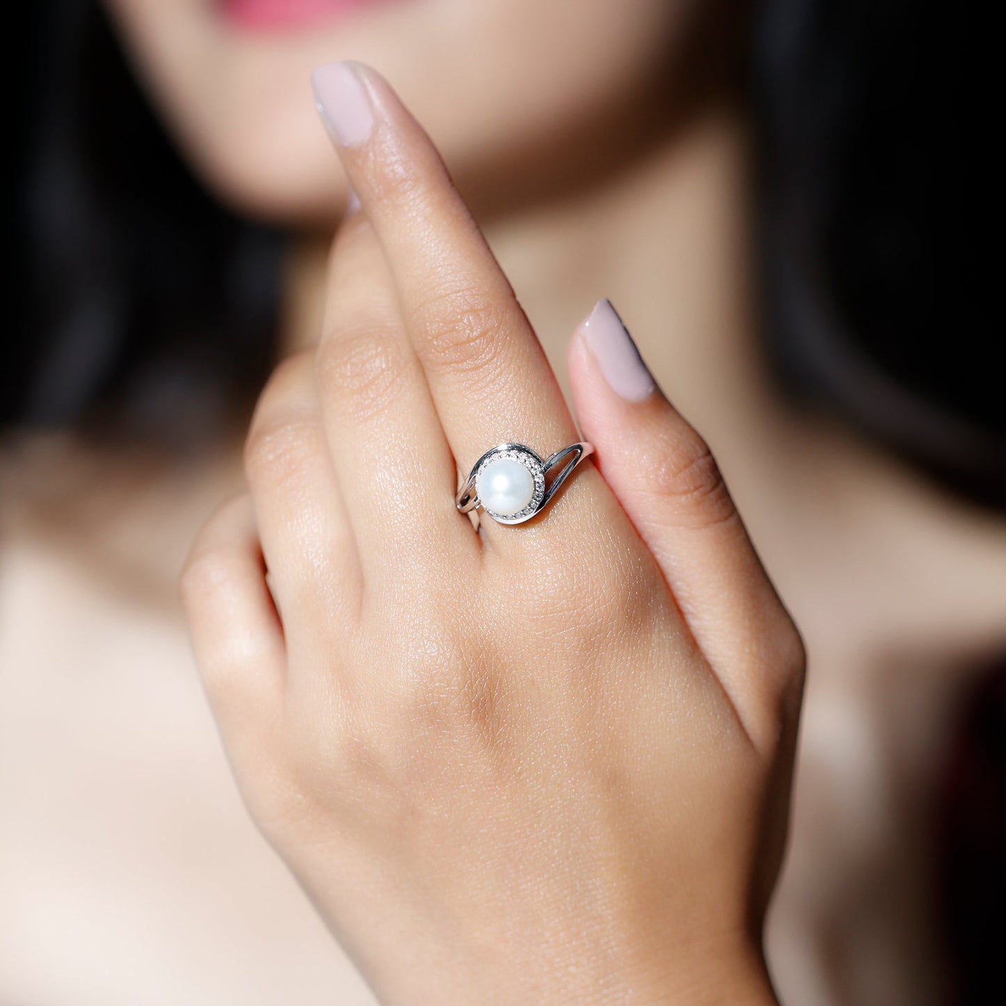 Cultured White 7.4 Carat Freshwater Pearl Diamond Engagement Ring with Bypass Shank