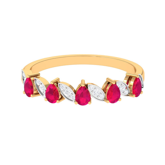 Real Pear Shape Ruby Half Eternity Ring with Diamond for Women