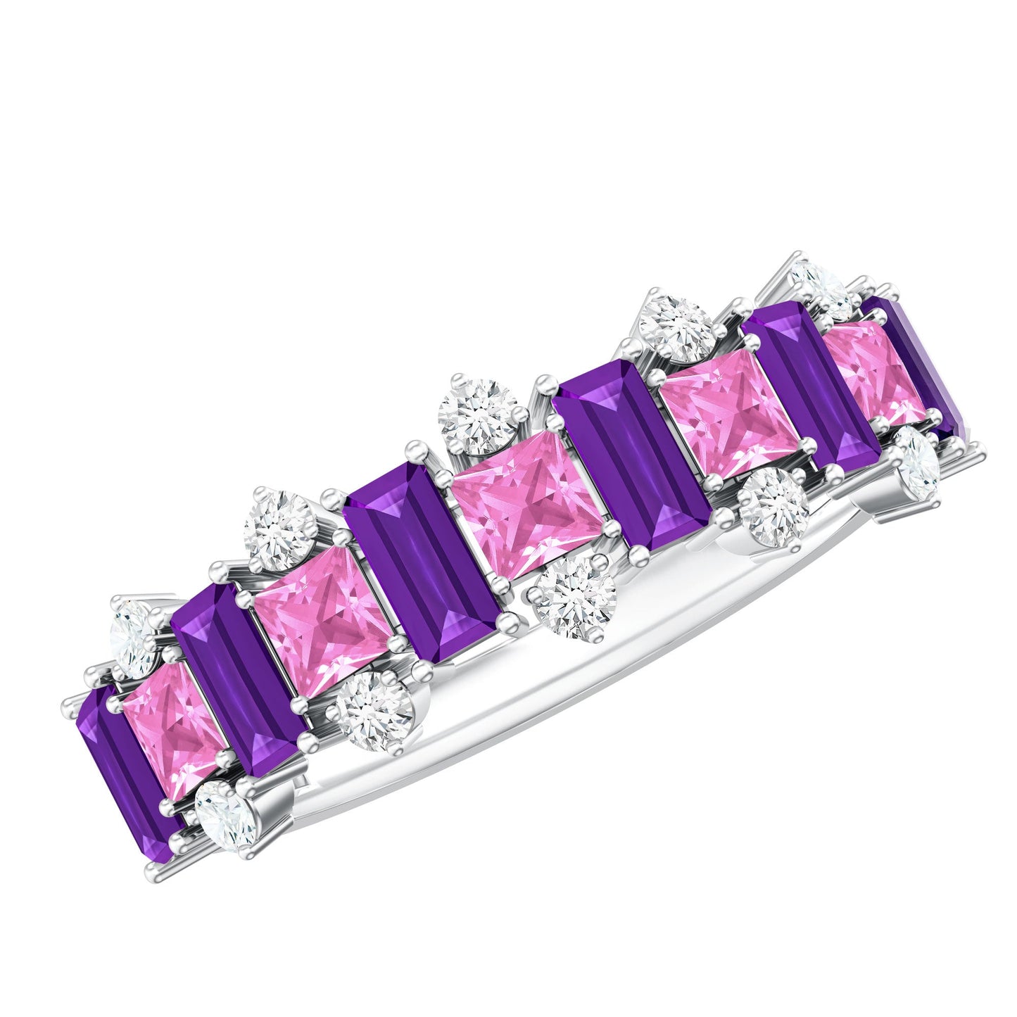 Lab Created Pink Sapphire and Amethyst Half Eternity Band with Diamond