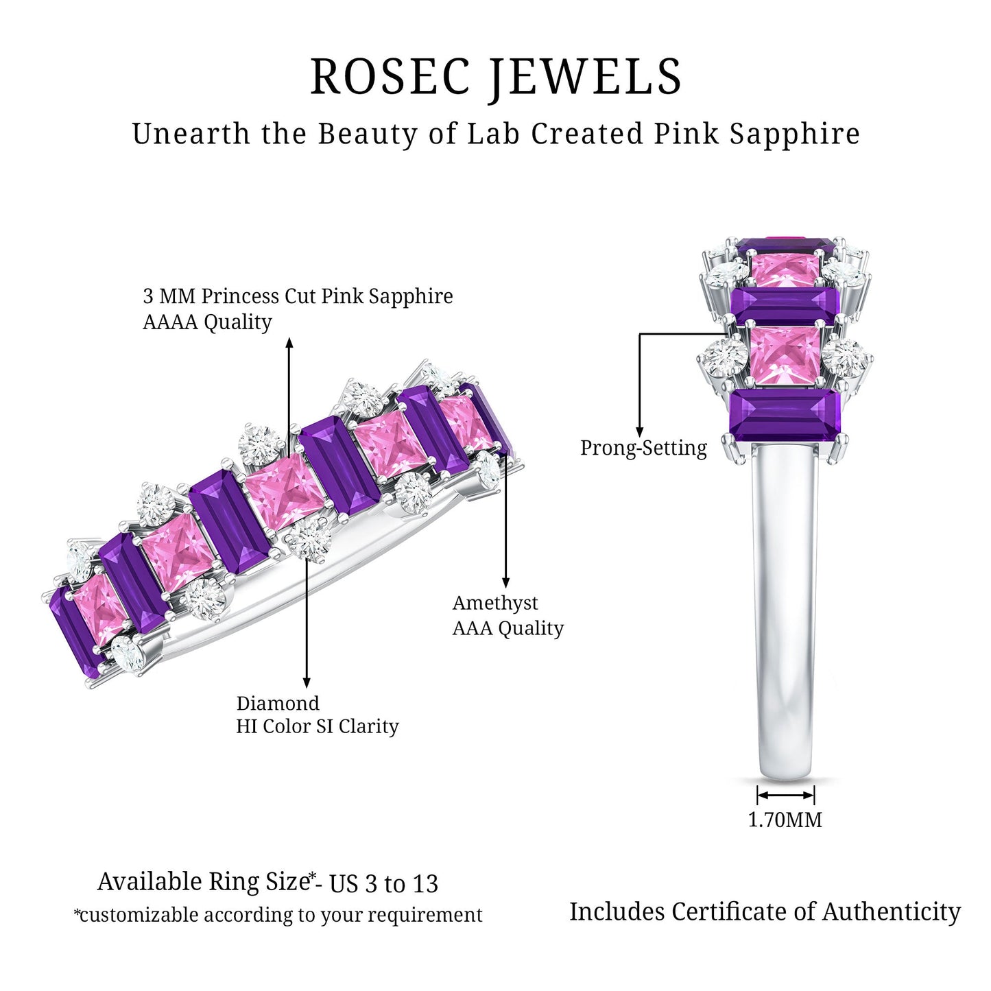 Lab Created Pink Sapphire and Amethyst Half Eternity Band with Diamond