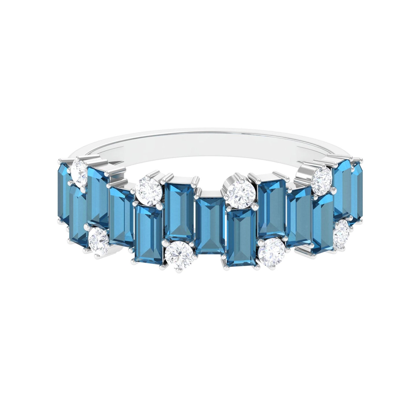 Baguette London Blue Topaz Uneven Eternity Ring with Diamond