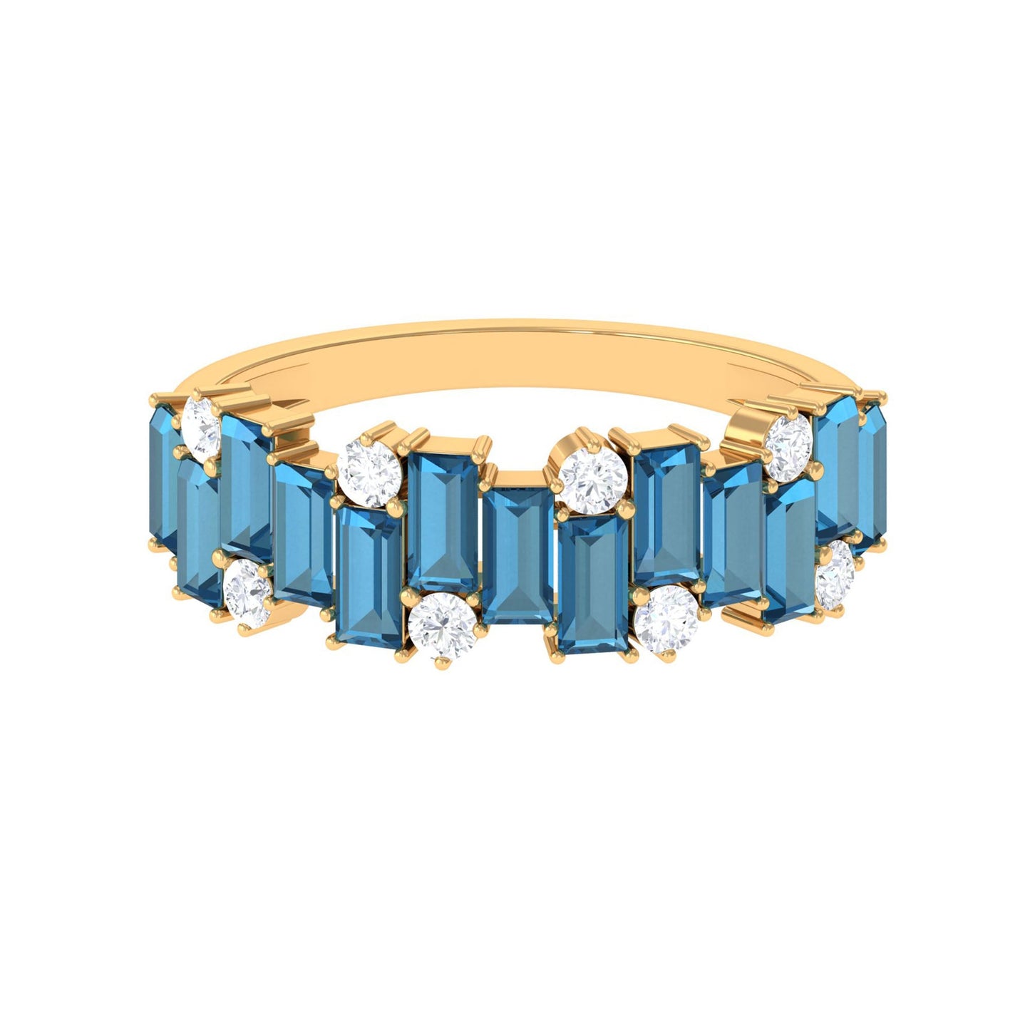 Baguette London Blue Topaz Uneven Eternity Ring with Diamond