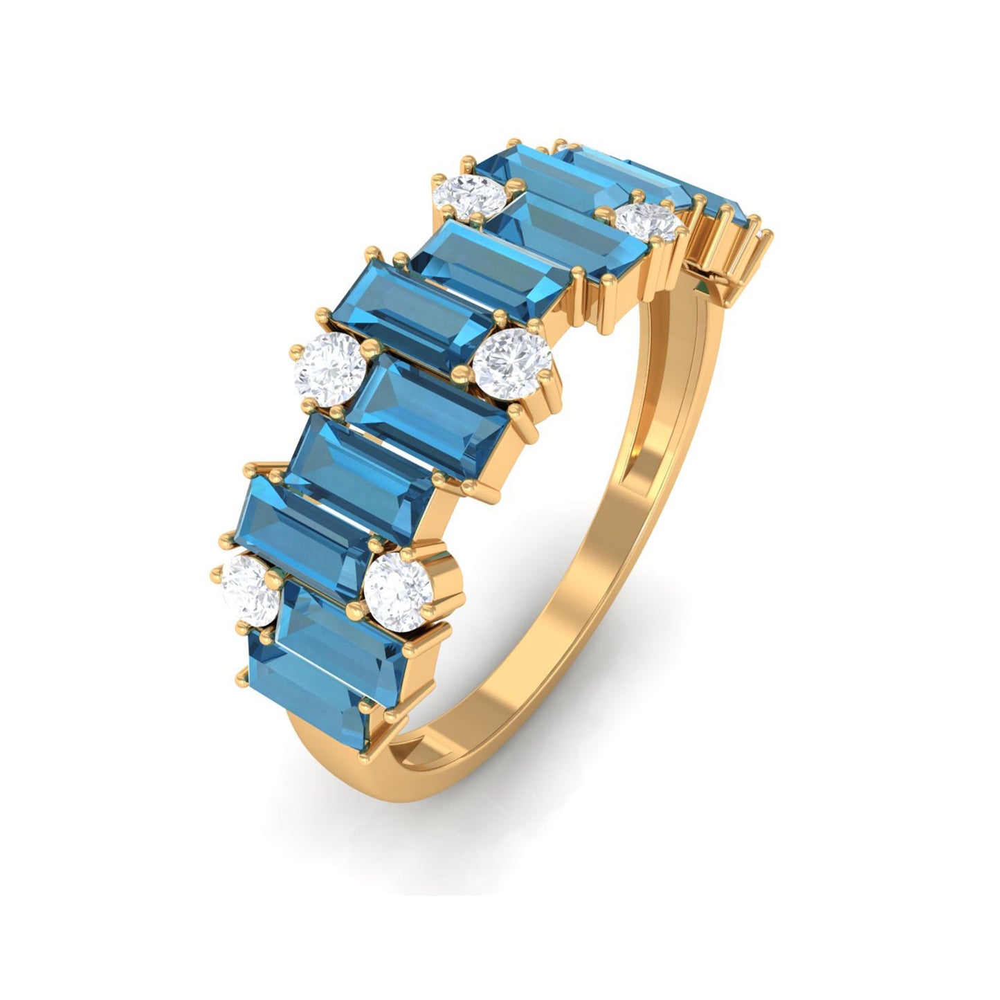Baguette London Blue Topaz Uneven Eternity Ring with Diamond