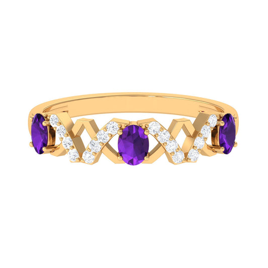 Natural Oval Amethyst Half Eternity Ring with Diamond