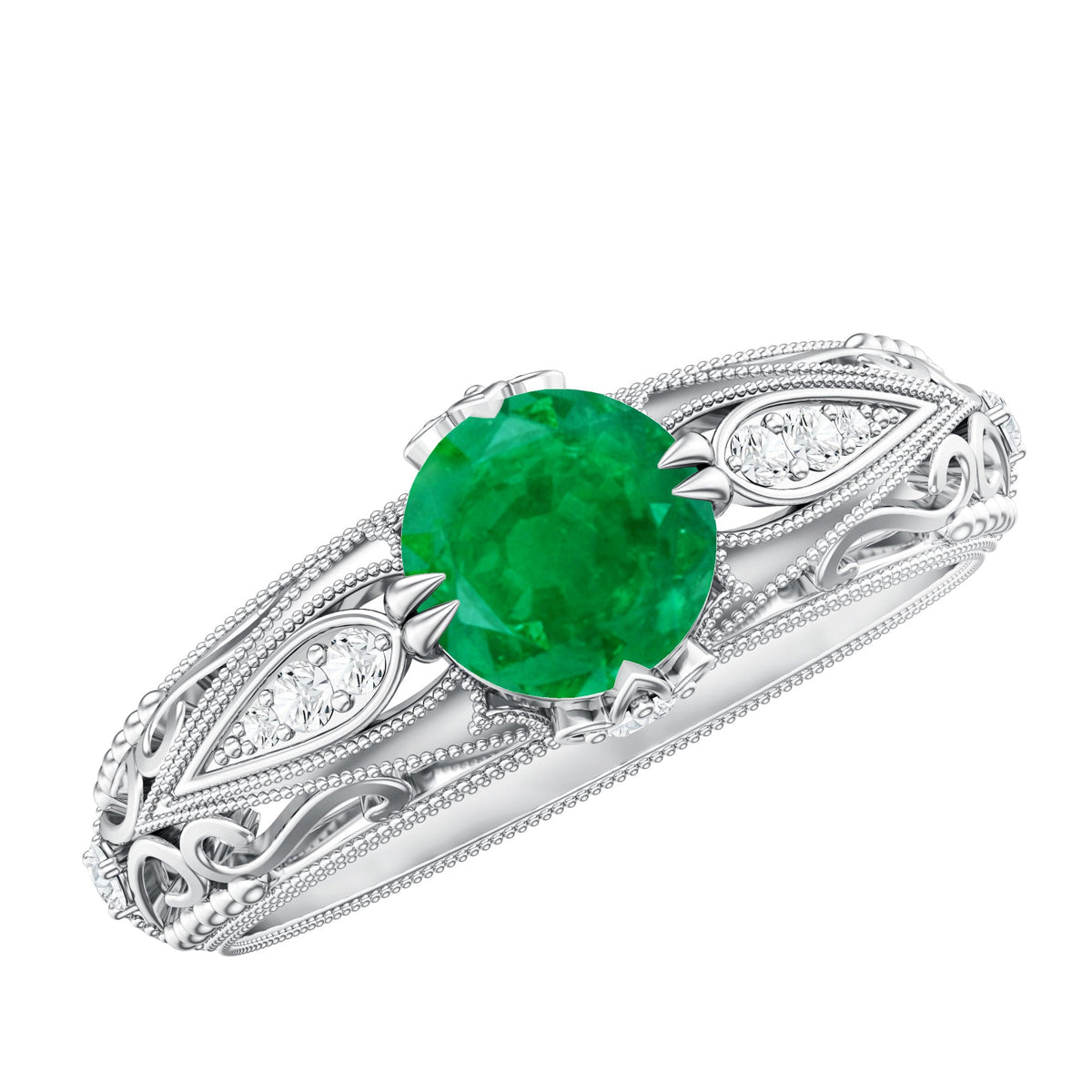 Natural Emerald Diamond Antique Looking Engagement Ring