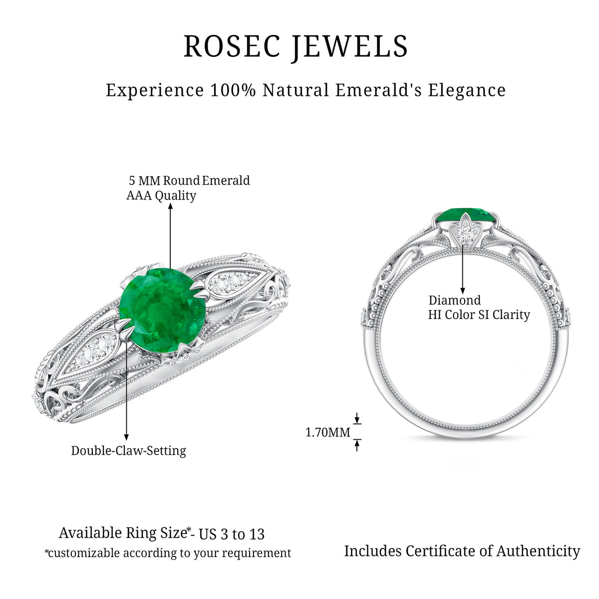 Natural Emerald Diamond Antique Looking Engagement Ring