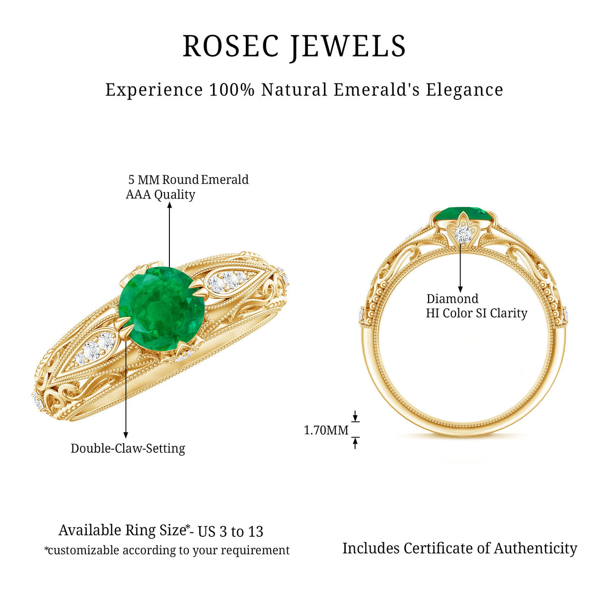 Natural Emerald Diamond Antique Looking Engagement Ring