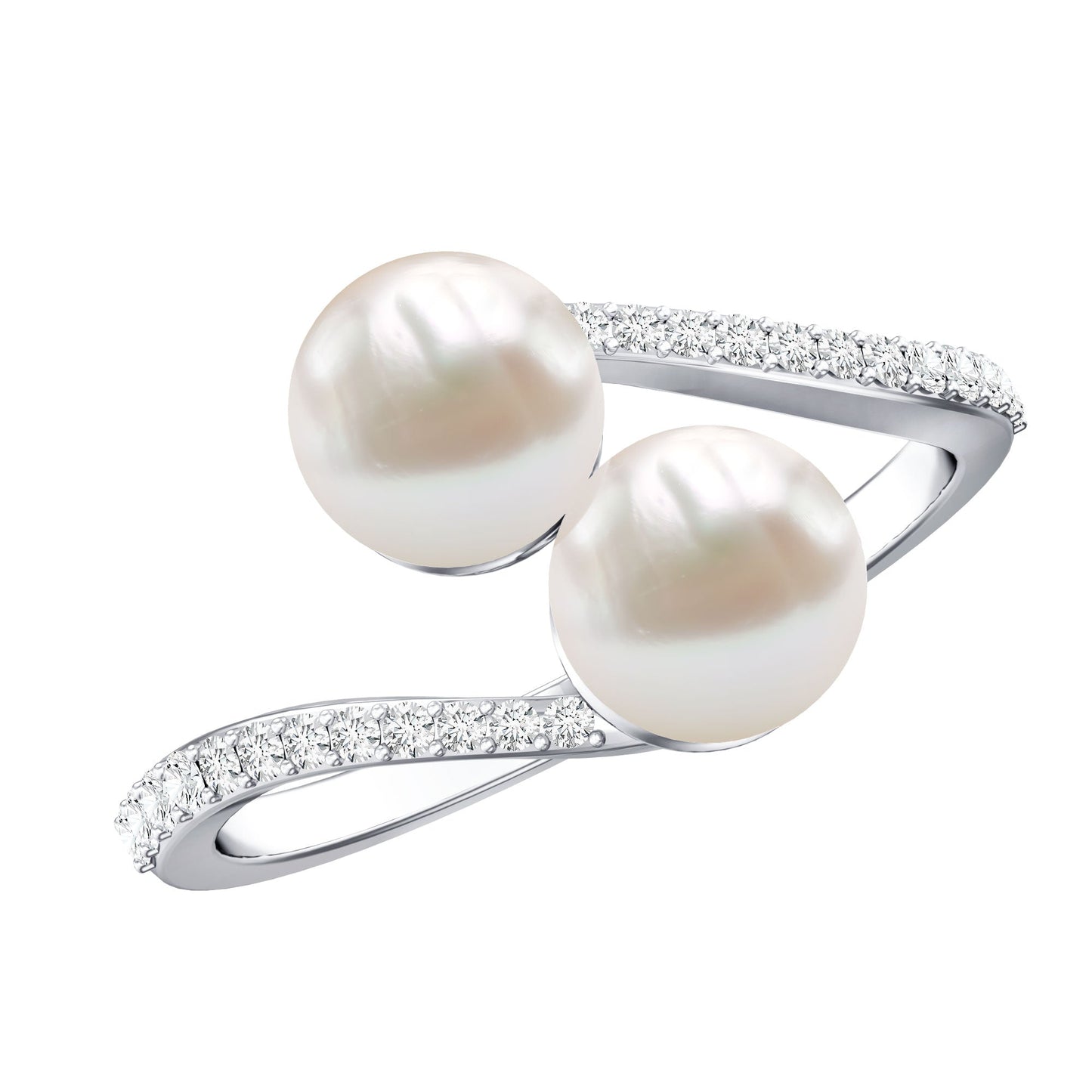 Natural Freshwater Pearl 2 Stone Engagement Ring with Diamond