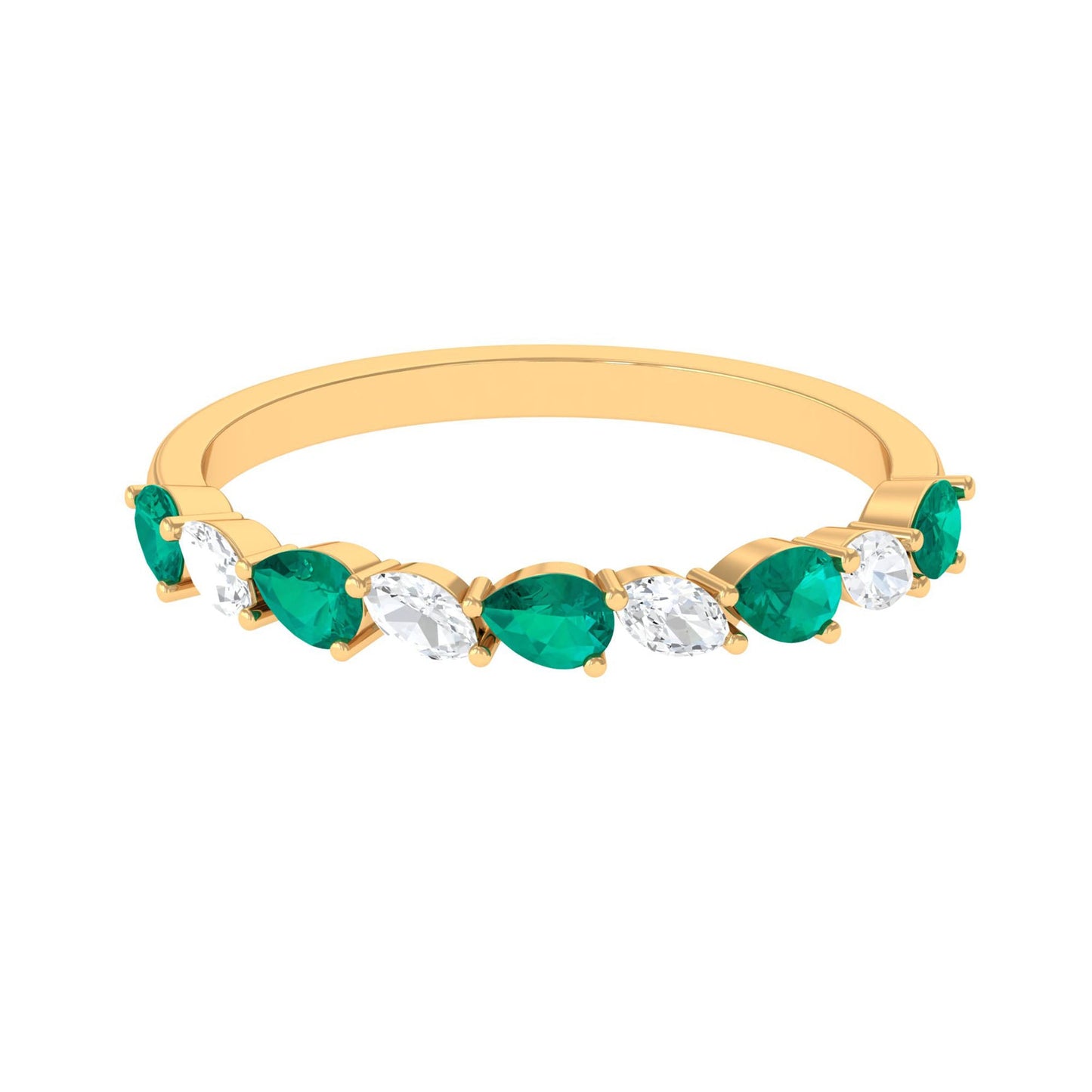 Natural Pear Shape Emerald Half Eternity Ring in East West Style