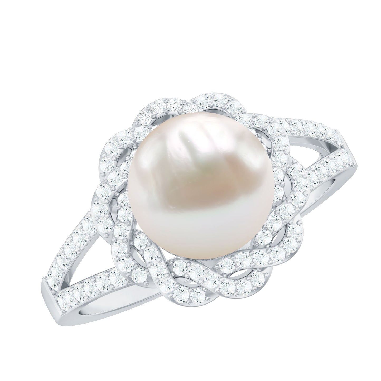Split Shank Freshwater Pearl and Diamond Braided Statement Ring