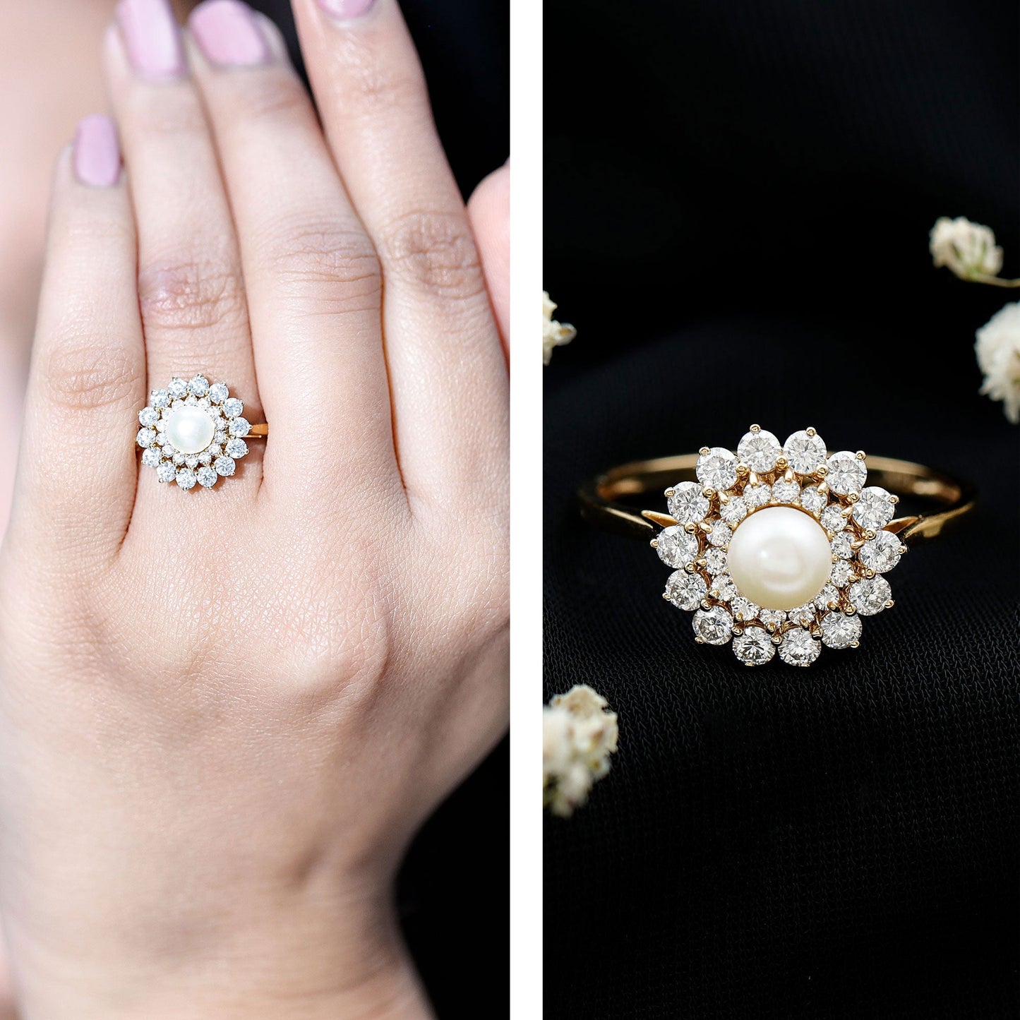 Certified Real Freshwater Pearl Flower Engagement Ring with Moissanite