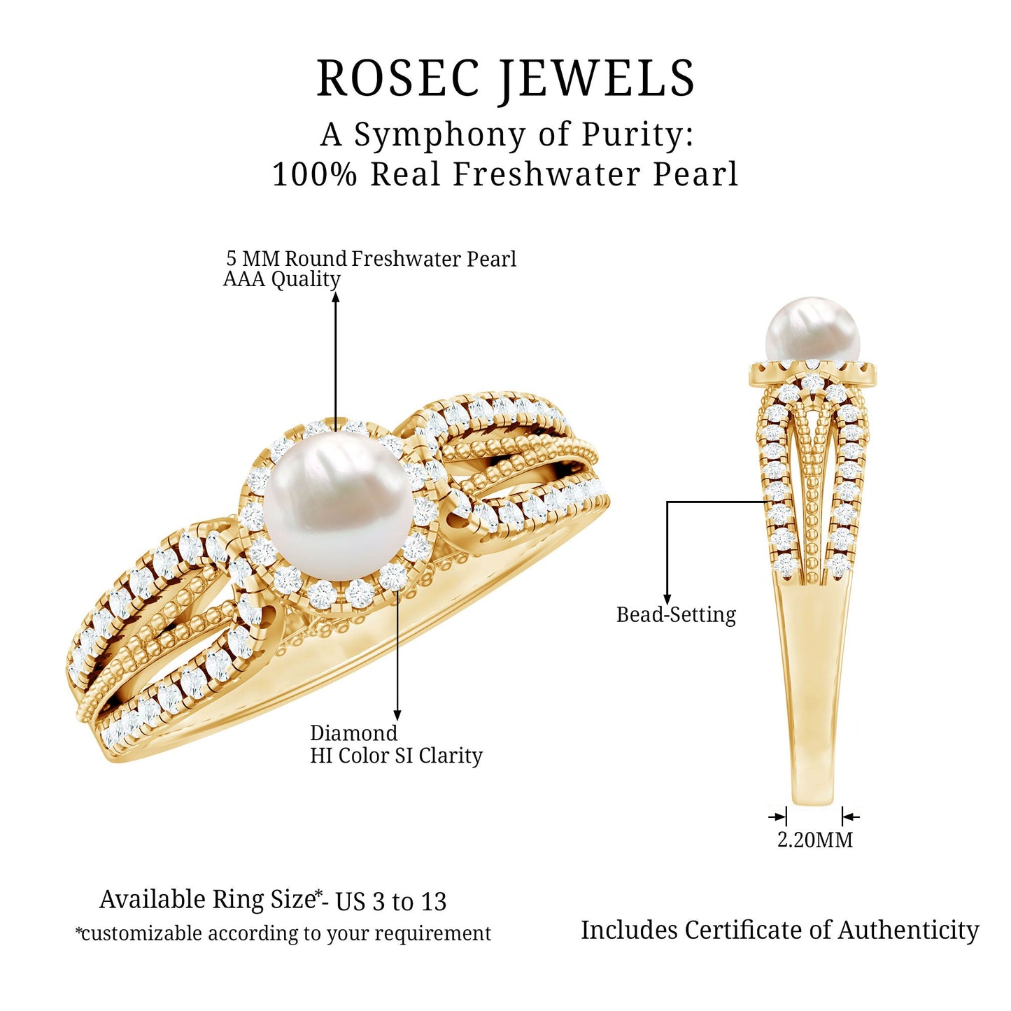 2 Carat Freshwater Pearl and Diamond Engagement Ring with Beaded Detail