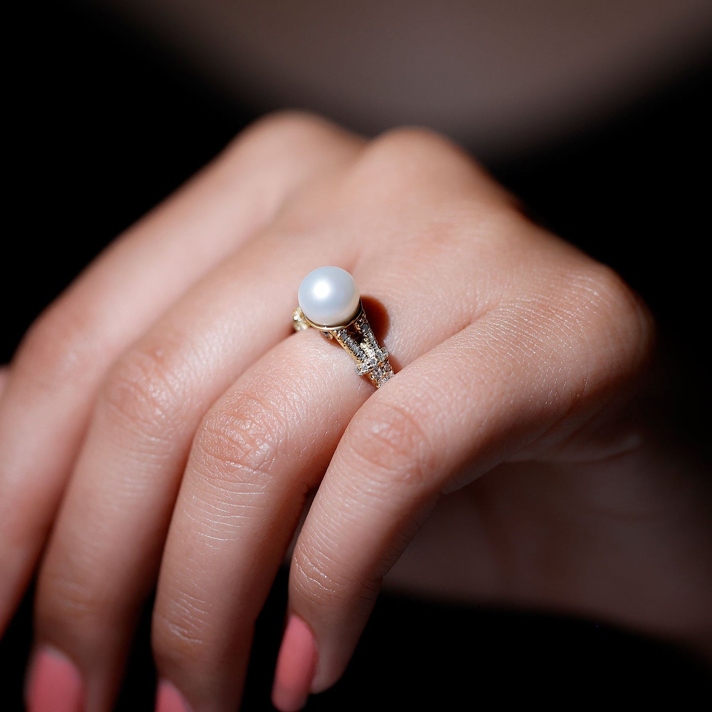 Cultured 7.4 Carat Freshwater Pearl Engagement Ring with Lab Diamonds
