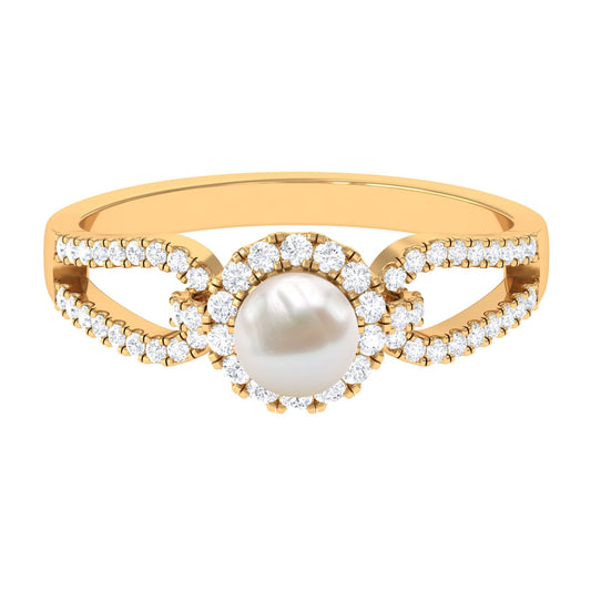 2 Carat Freshwater Pearl and Diamond Engagement Ring with Split Shank