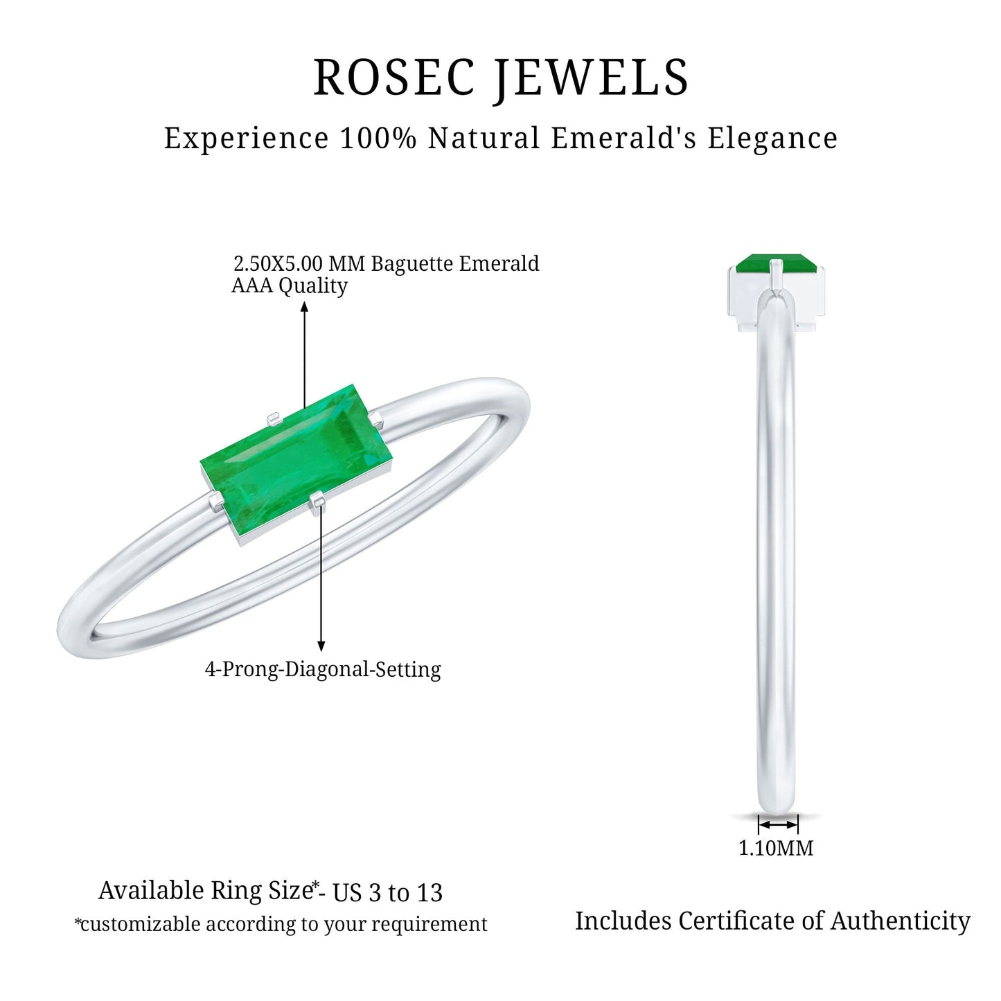 East West Set Baguette Cut Emerald May Birthstone Ring