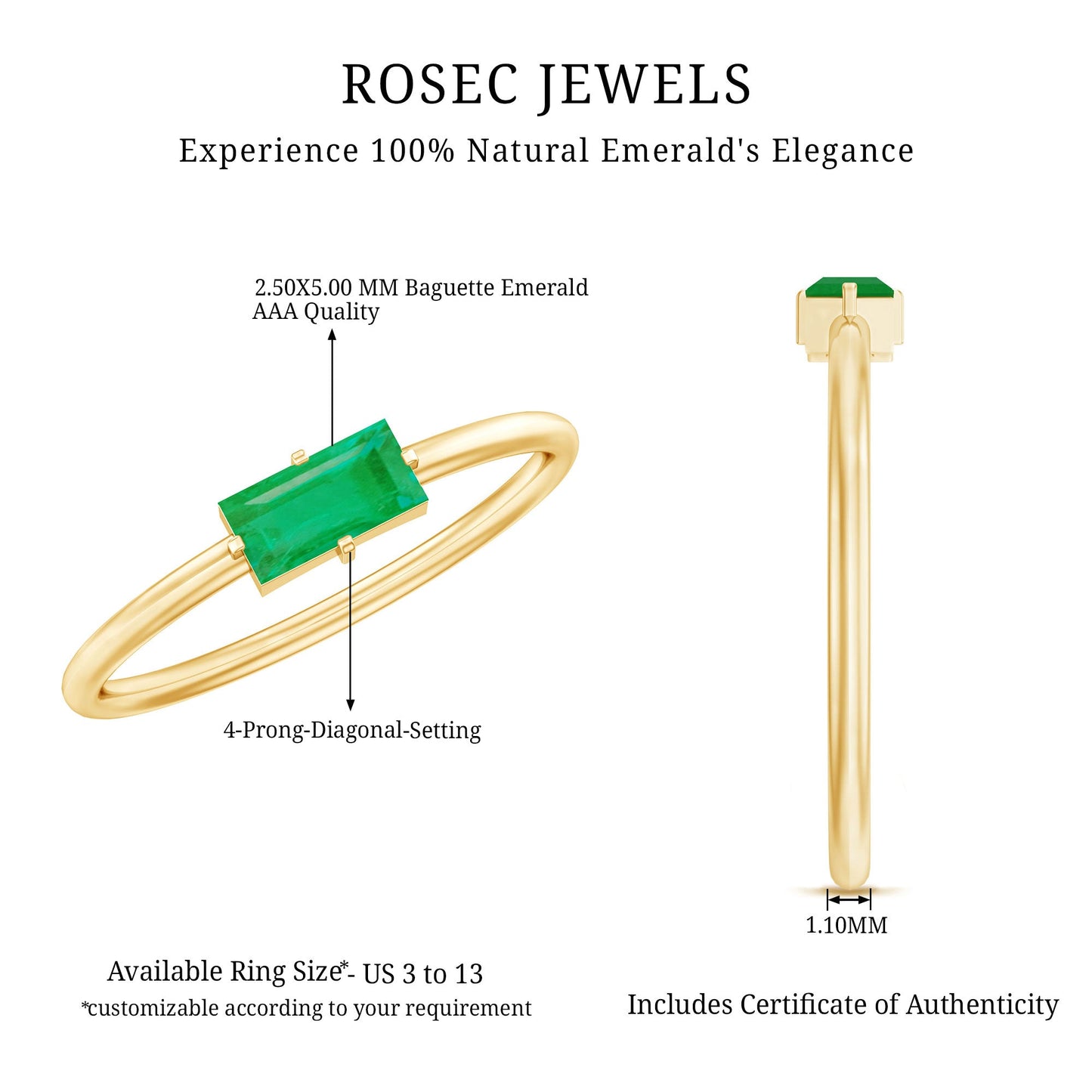 East West Set Baguette Cut Emerald May Birthstone Ring