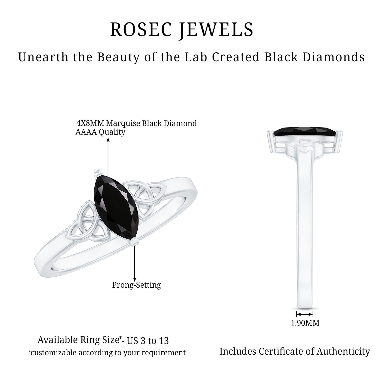 Certified 0.8 Carat Lab Grown Black Diamond Marquise Promise Ring with Celtic Knot