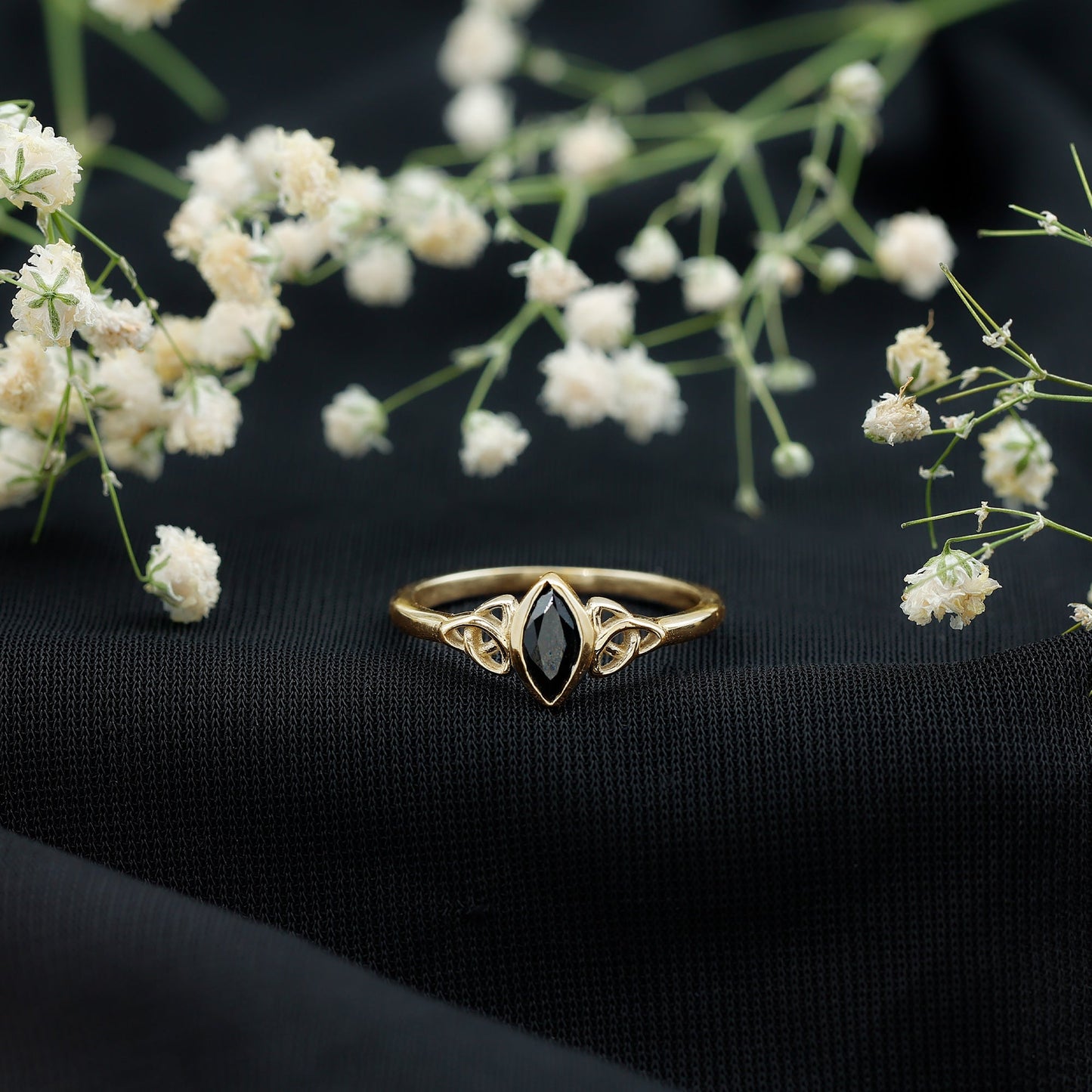 Certified 0.8 Carat Lab Grown Black Diamond Marquise Promise Ring with Celtic Knot