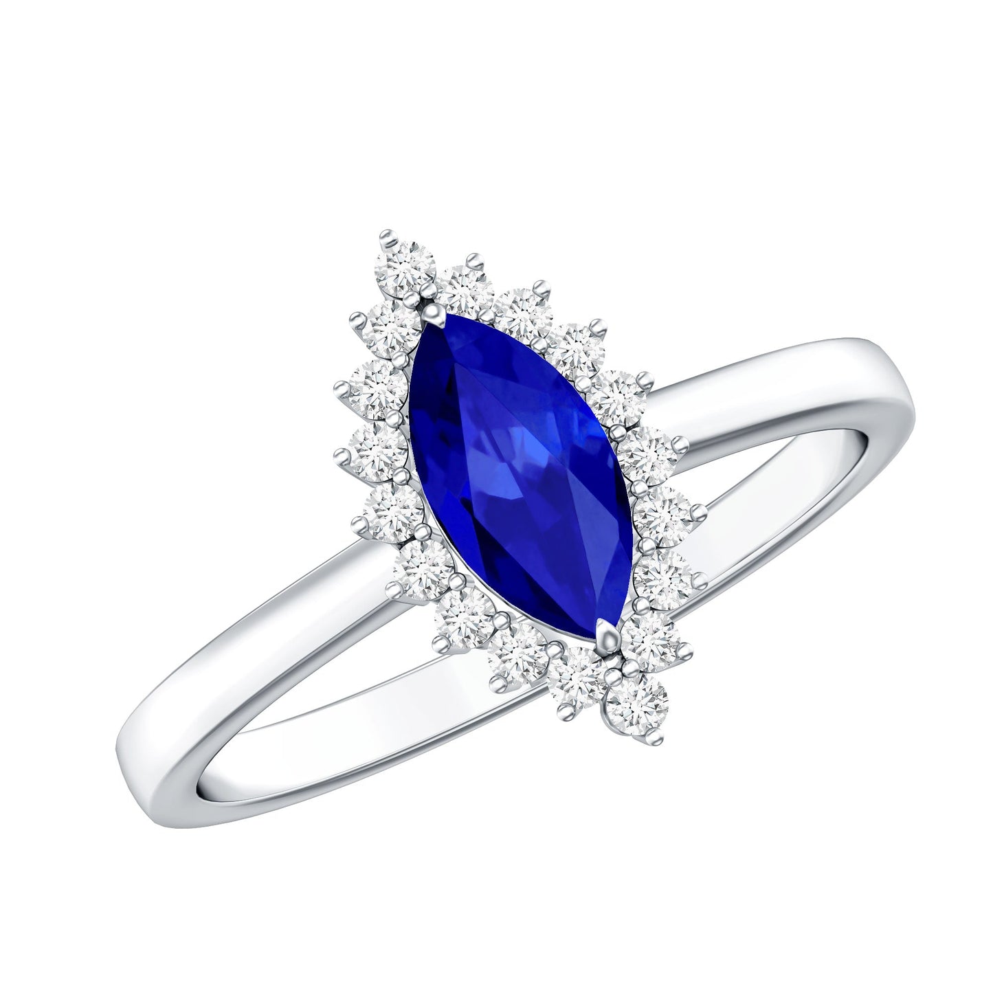 Marquise Cut Lab Grown Blue Sapphire and Diamond Halo Engagement Ring