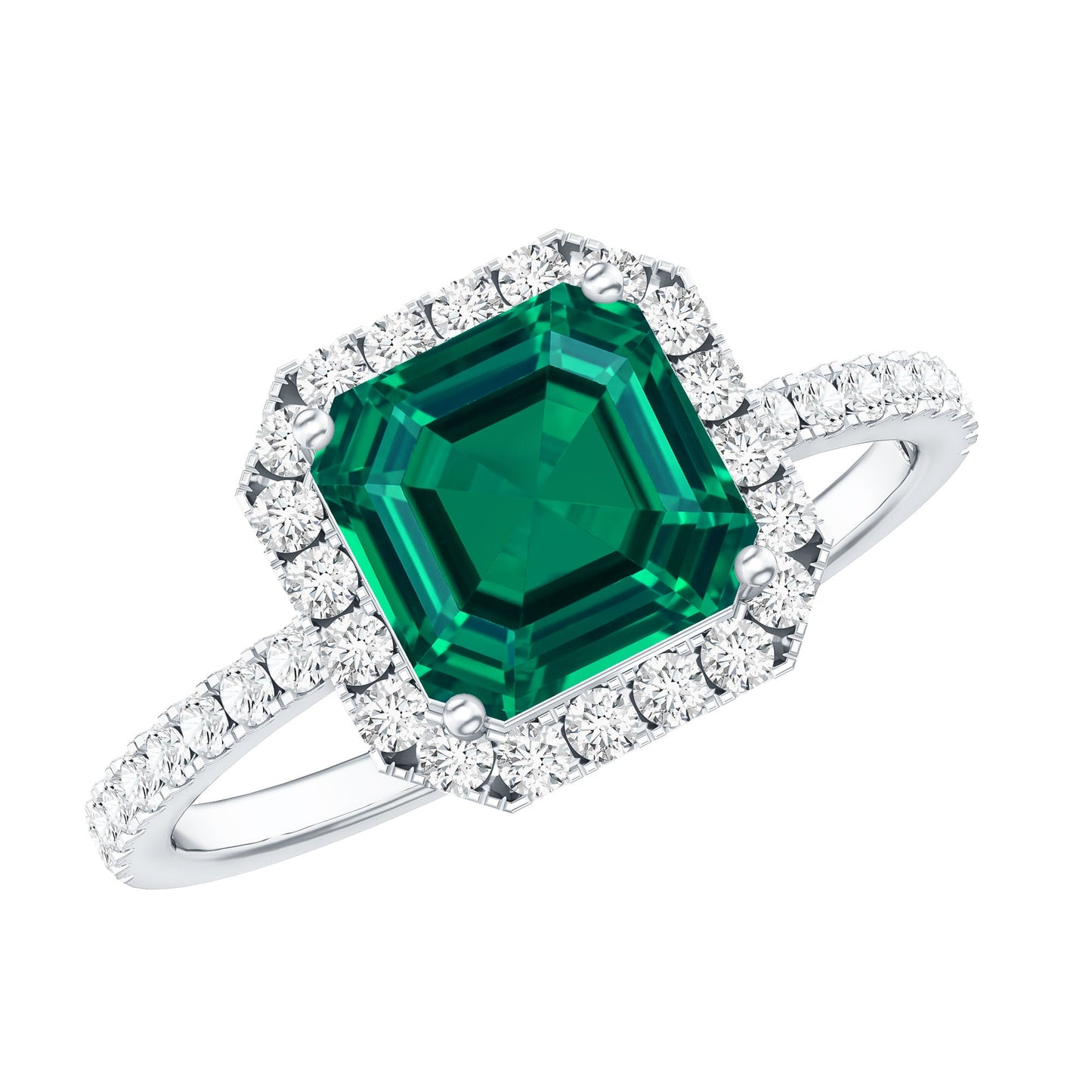 AAAA Quality Lab Created Emerald Asscher Cut Engagement Ring with Diamond