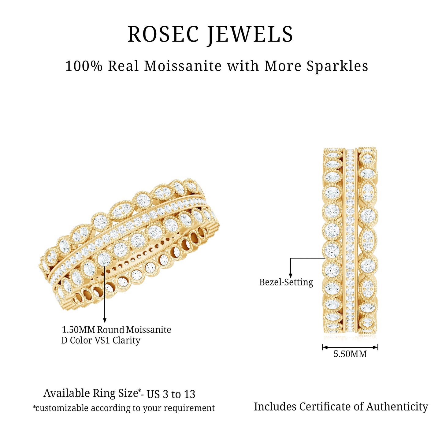 Vintage Looking 3 Row Moissanite Wedding Band