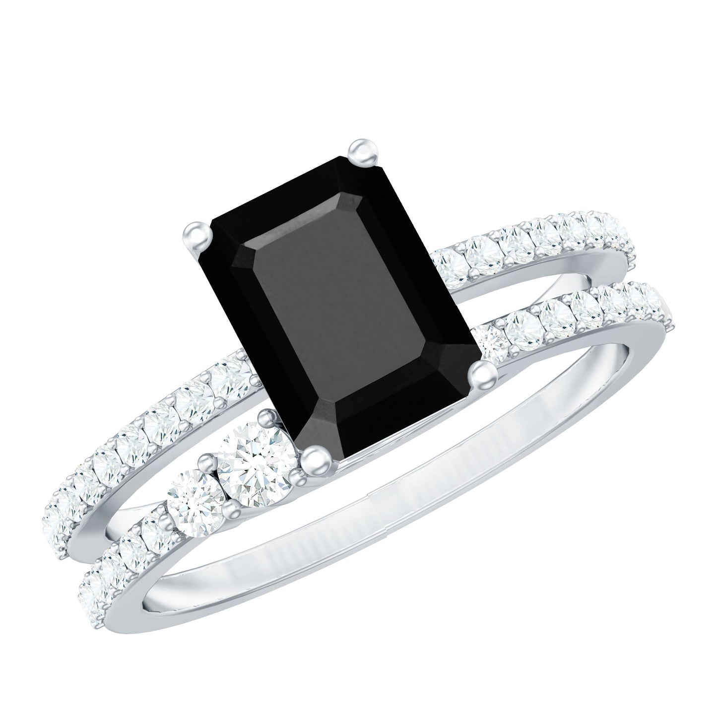 Emerald Cut Created Black Diamond Ring Set with Diamond