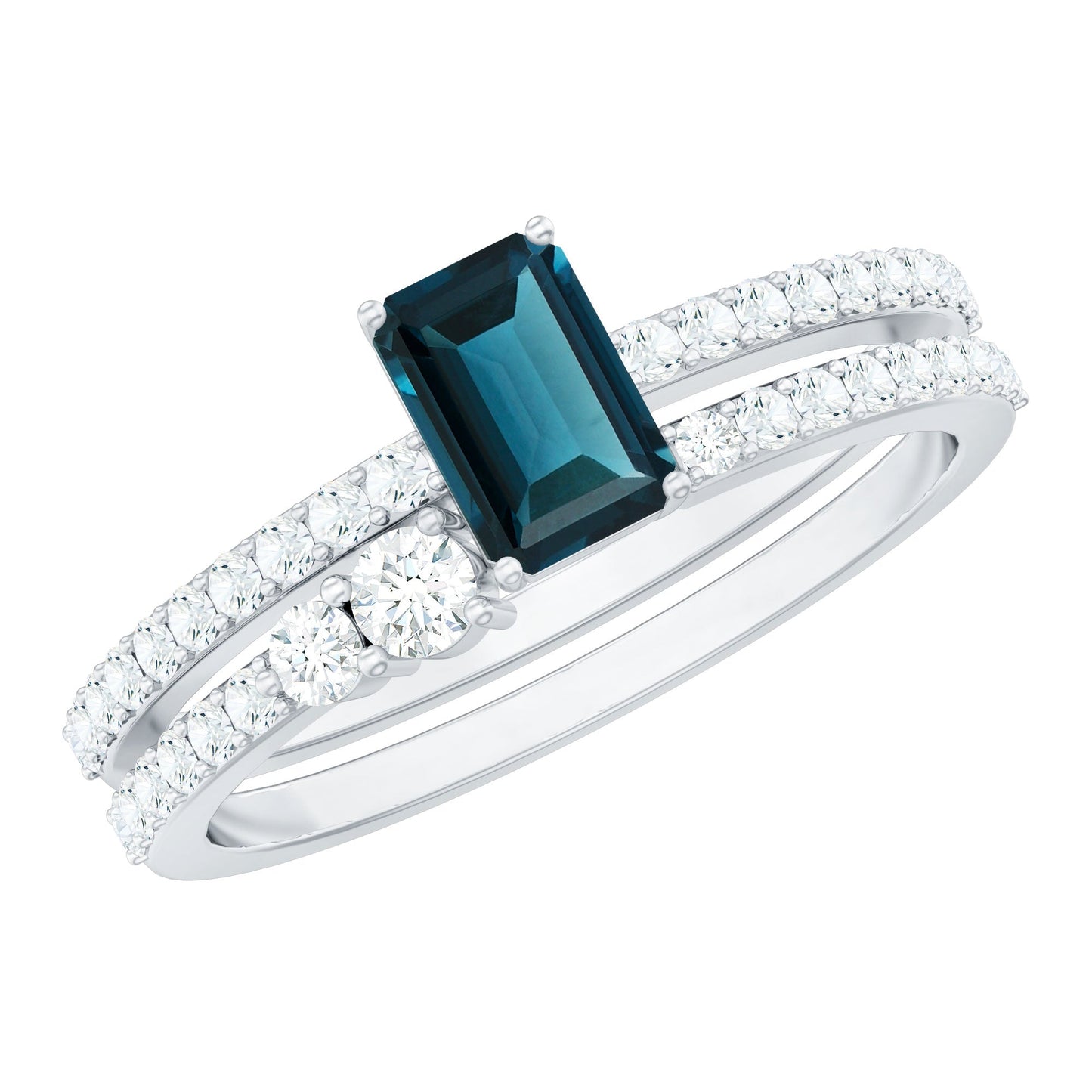 0.7 Carat Emerald Cut London Blue Topaz Wedding Ring Set with Diamond