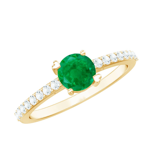 Natural Solitaire Emerald Promise Ring with Diamond Side Stones