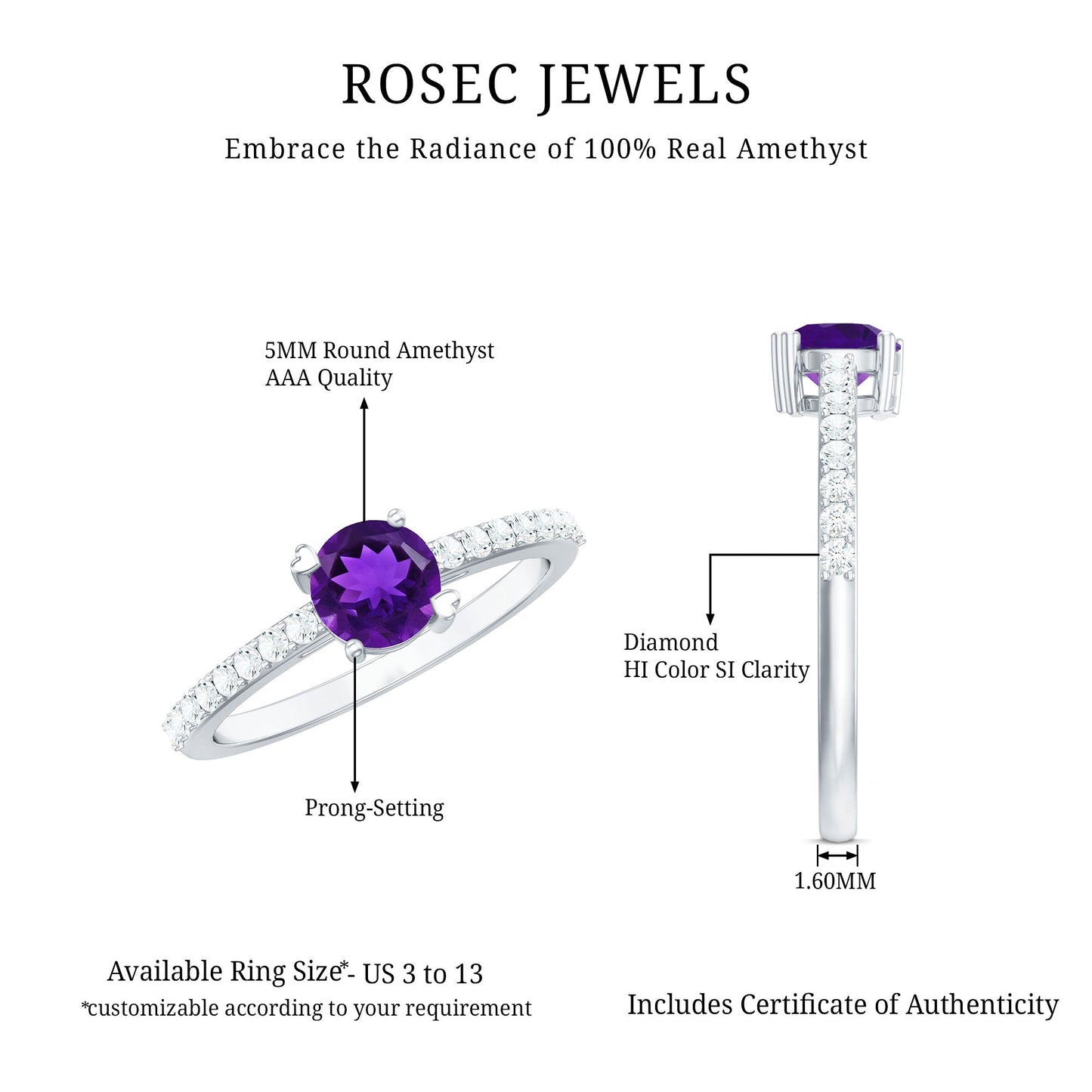 Genuine Amethyst Promise Ring with Diamond for Women