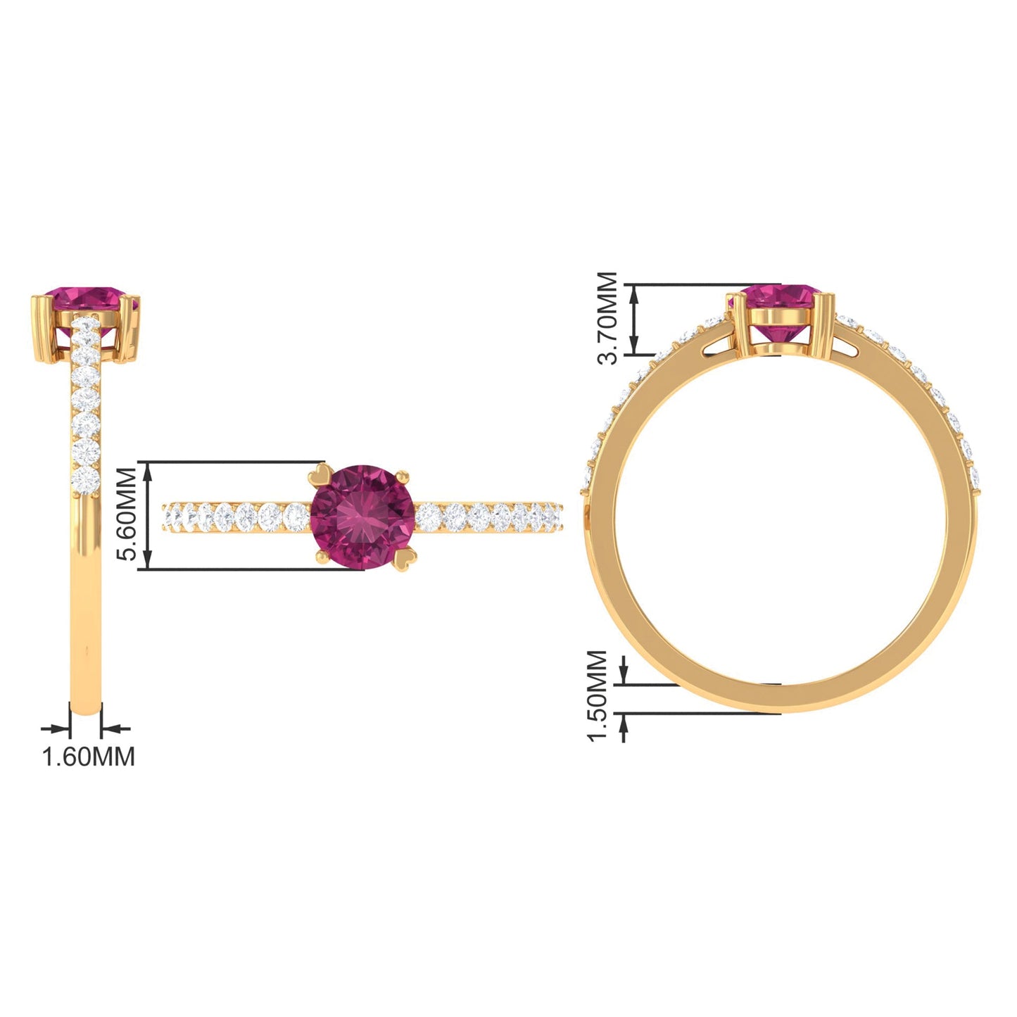 0.4 Carat Real Pink Tourmaline Solitaire Promise Ring with Diamond Side Stones
