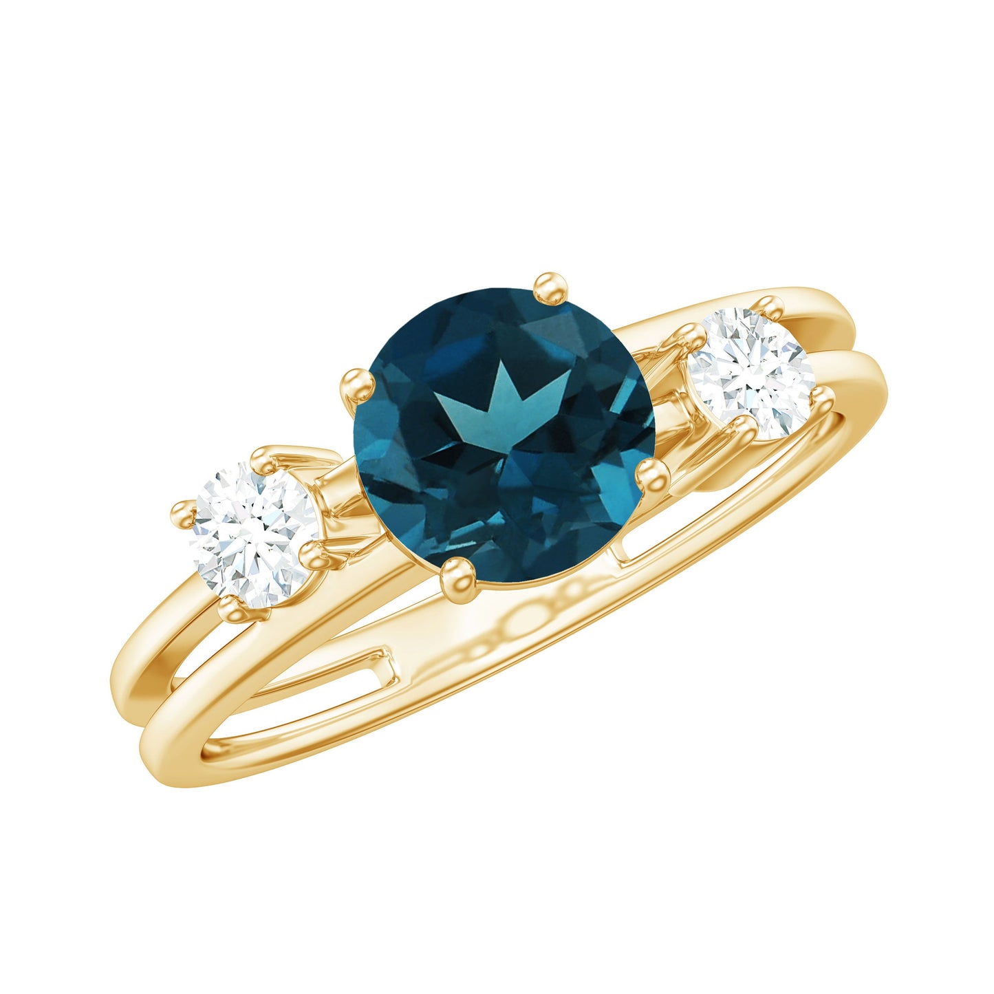 1.3 Carat Round London Blue Topaz Double Band Engagement Ring with Diamond